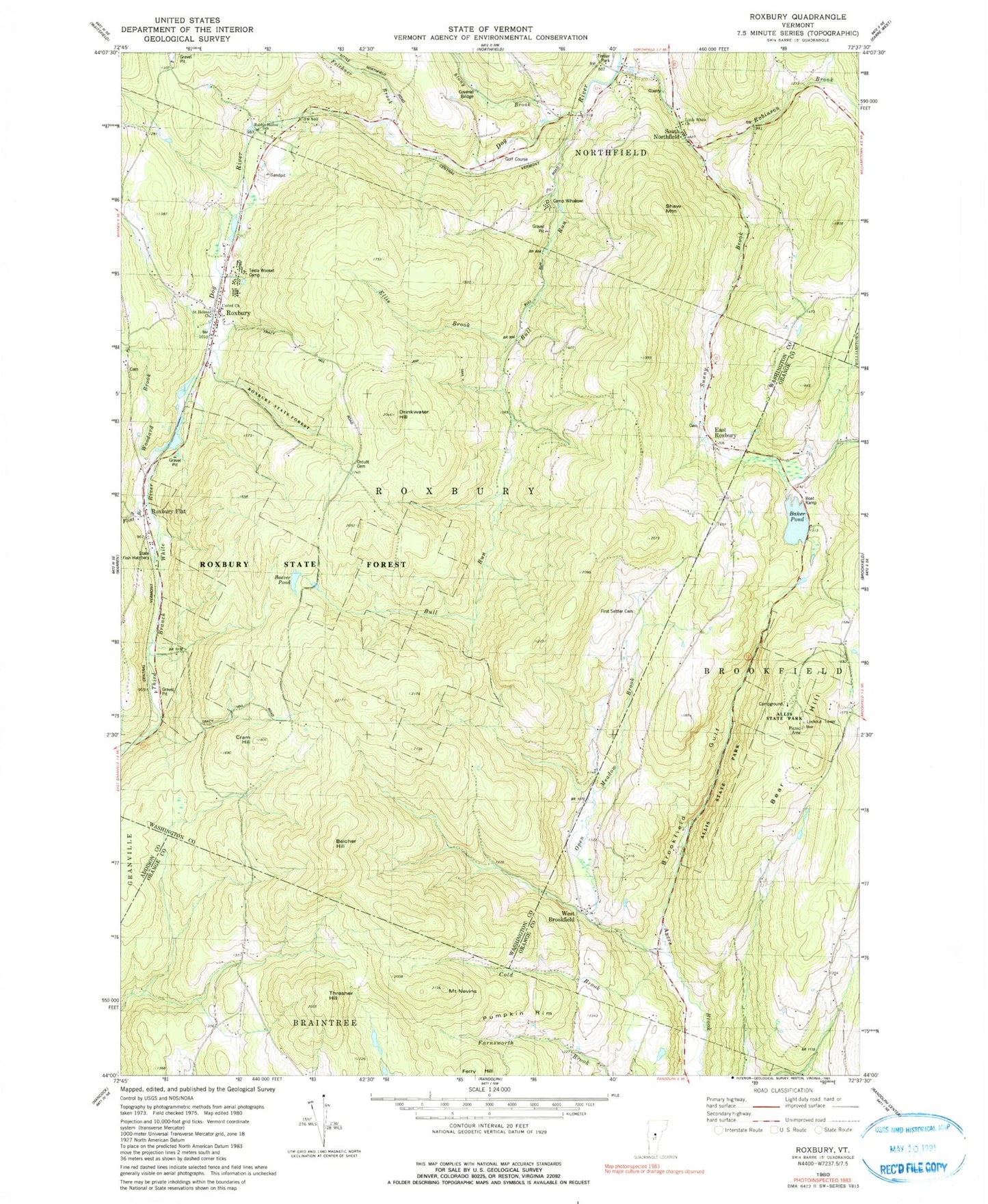 Classic USGS Roxbury Vermont 7.5'x7.5' Topo Map Image