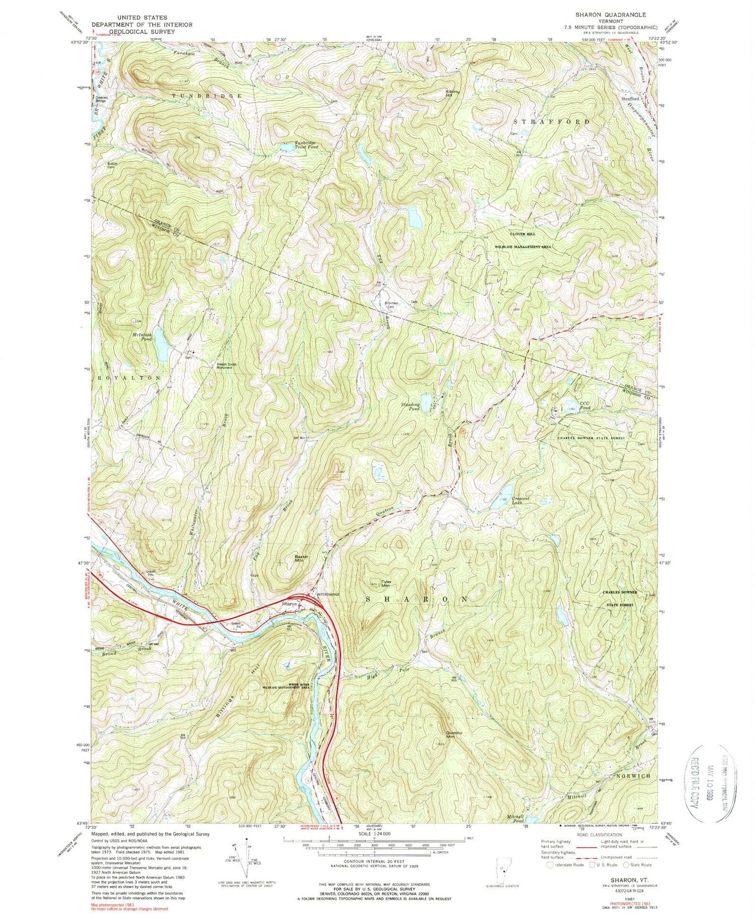 Classic USGS Sharon Vermont 7.5'x7.5' Topo Map Image