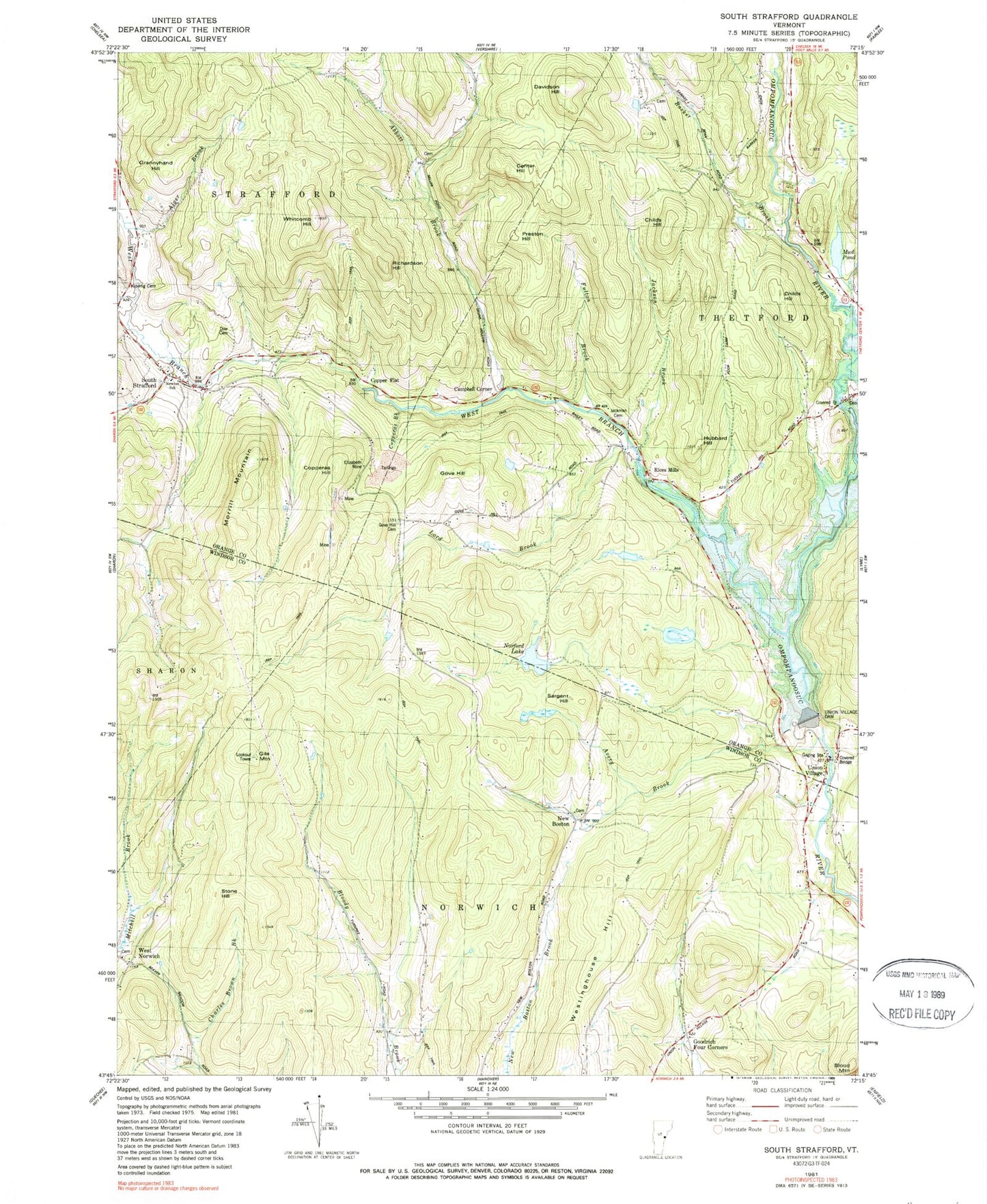 Classic USGS South Strafford Vermont 7.5'x7.5' Topo Map Image