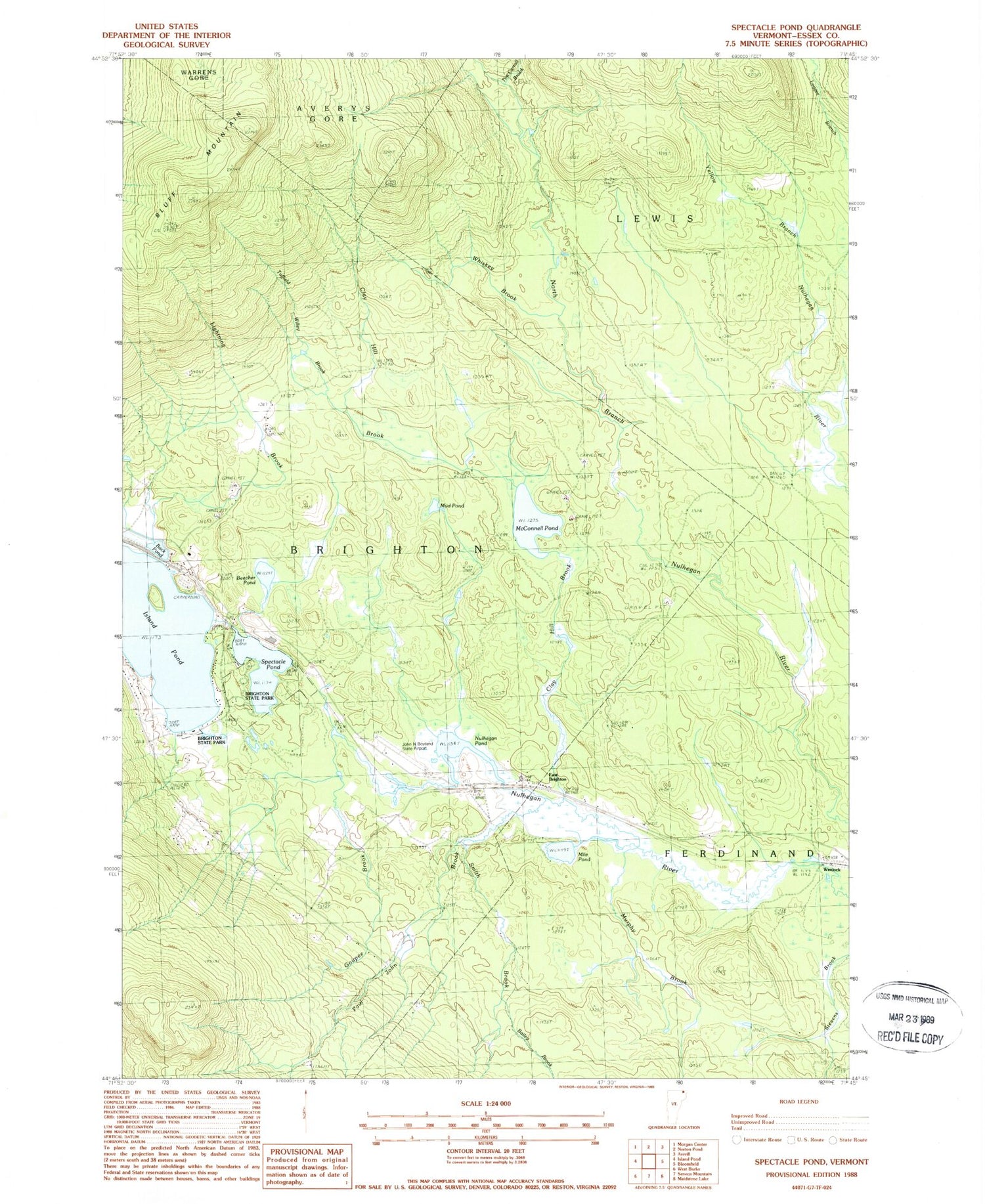Classic USGS Spectacle Pond Vermont 7.5'x7.5' Topo Map Image