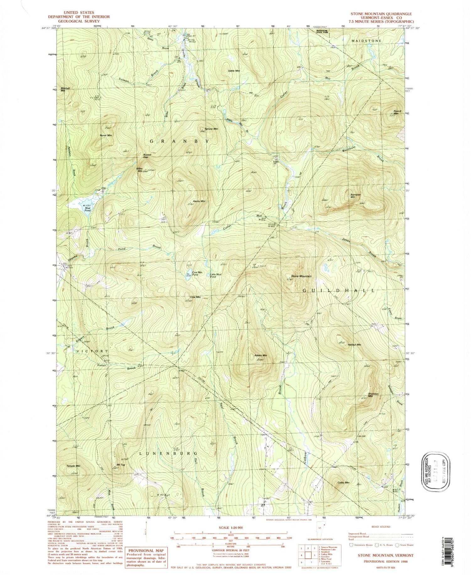 Classic USGS Stone Mountain Vermont 7.5'x7.5' Topo Map Image
