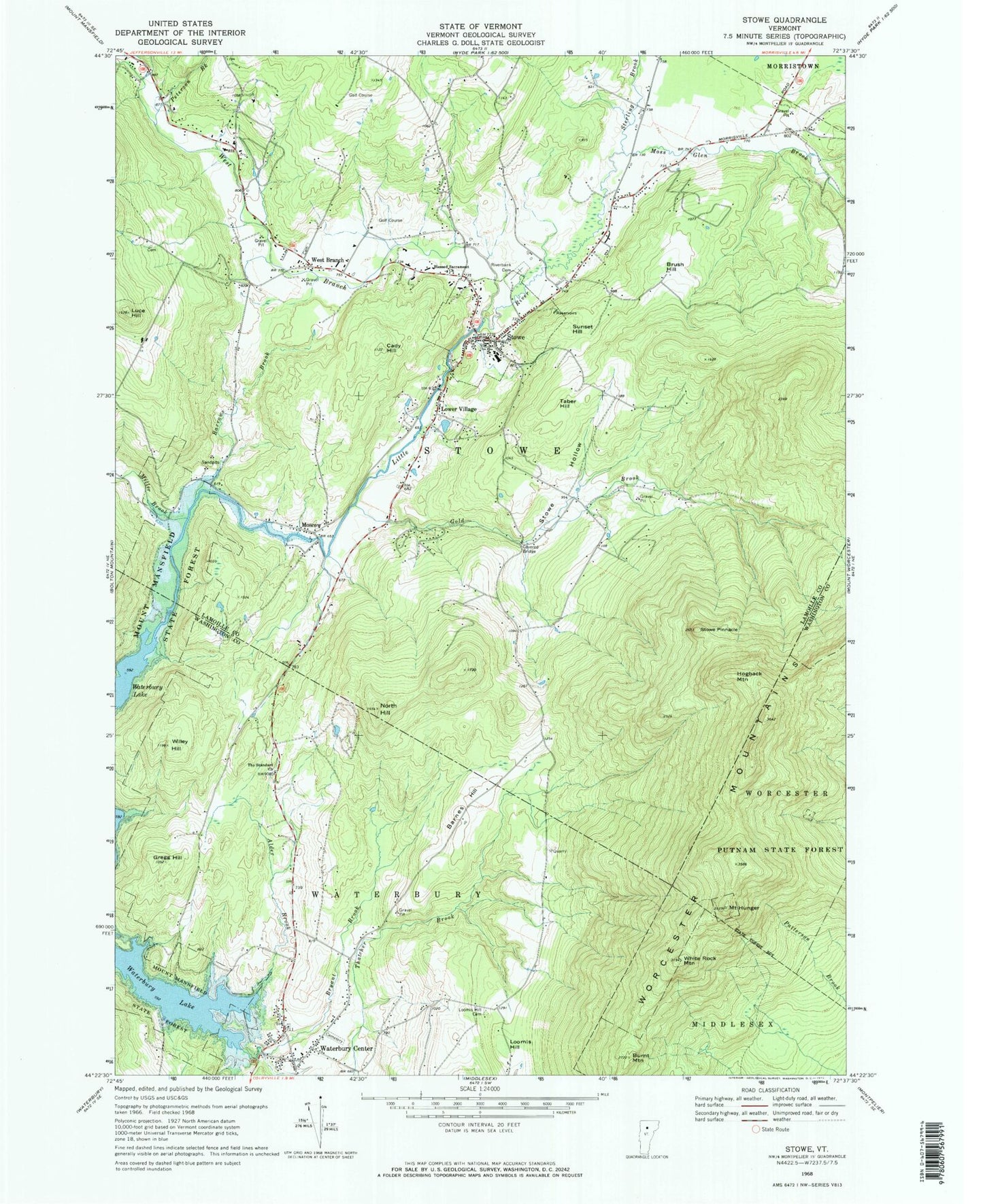 Classic USGS Stowe Vermont 7.5'x7.5' Topo Map Image