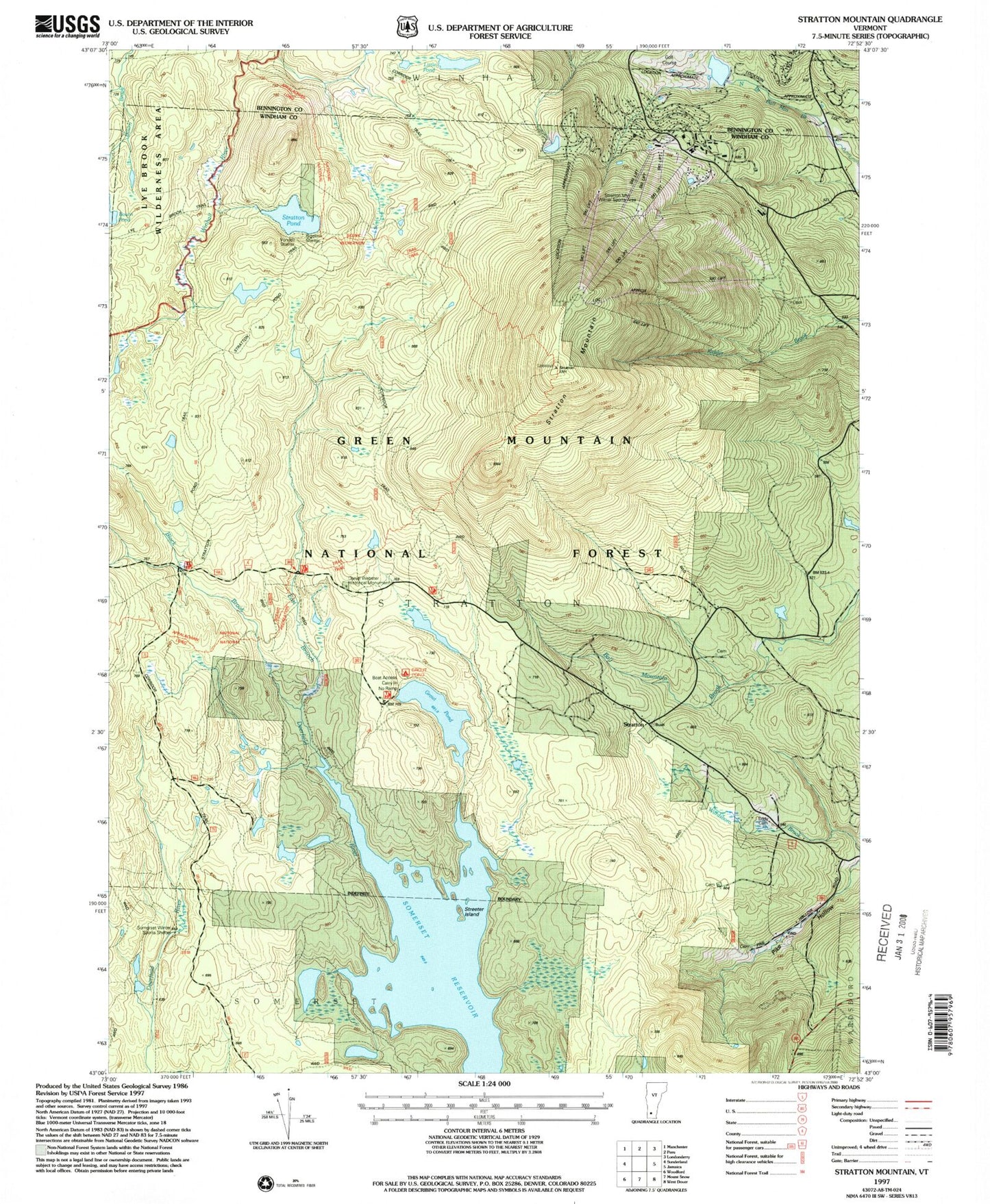Classic USGS Stratton Mountain Vermont 7.5'x7.5' Topo Map Image