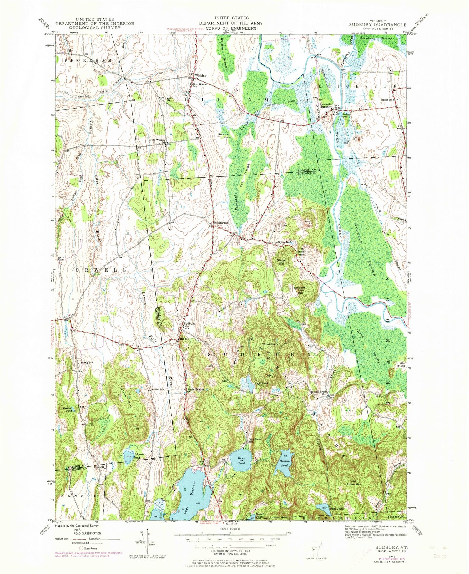 Classic USGS Sudbury Vermont 7.5'x7.5' Topo Map Image