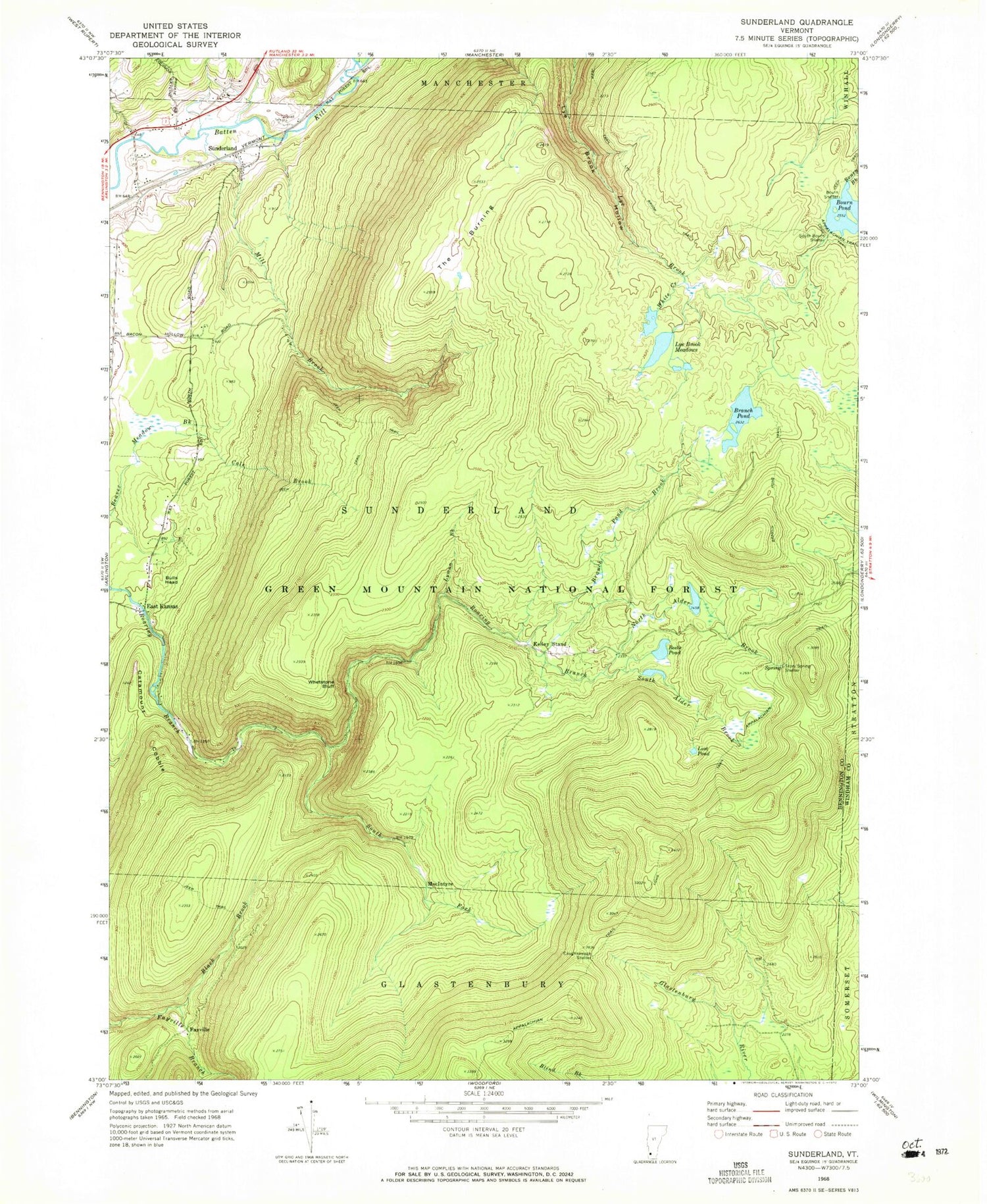 Classic USGS Sunderland Vermont 7.5'x7.5' Topo Map Image