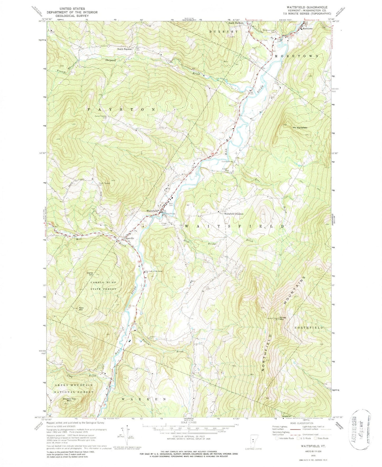 Classic USGS Waitsfield Vermont 7.5'x7.5' Topo Map Image