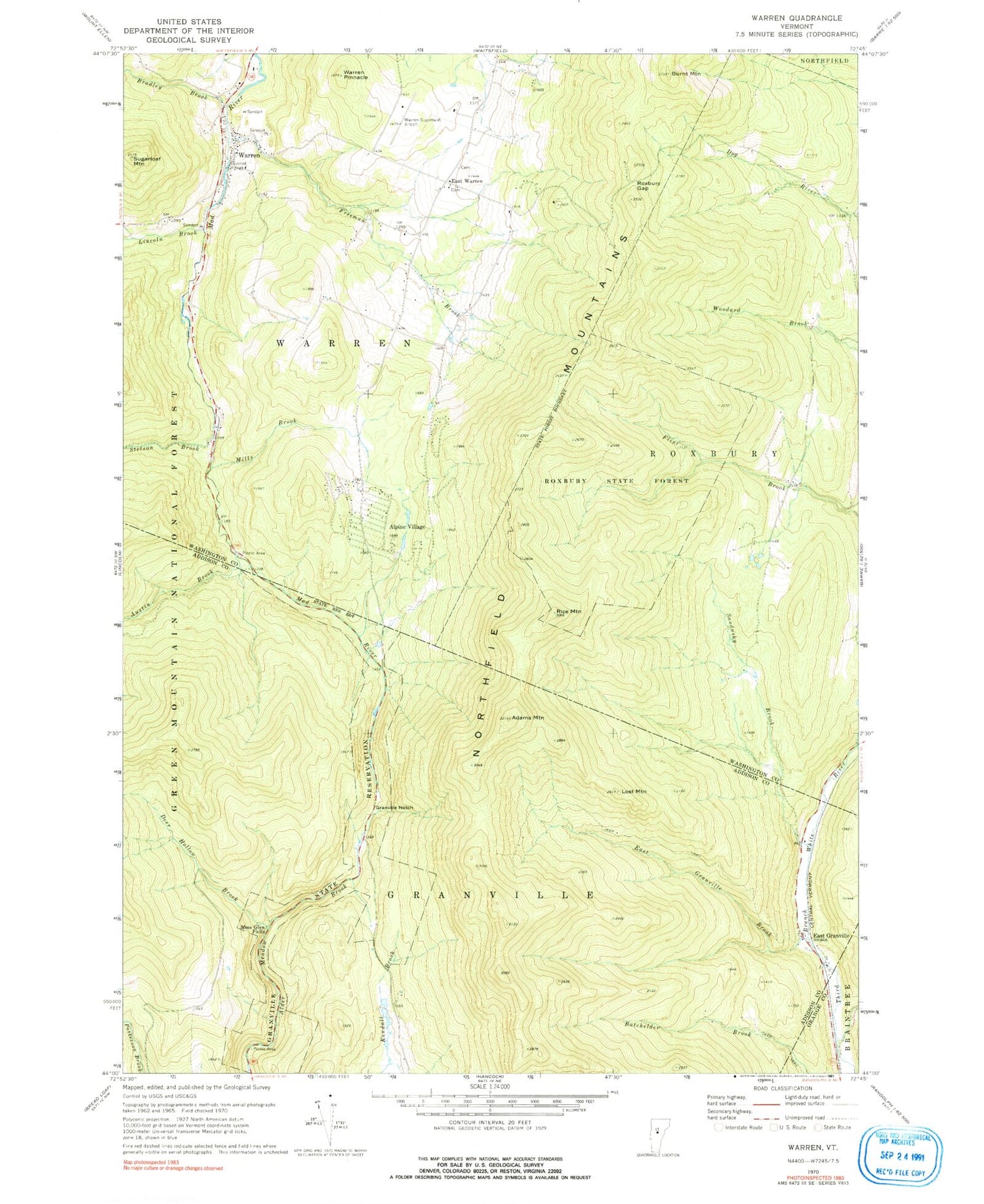 Classic USGS Warren Vermont 7.5'x7.5' Topo Map Image