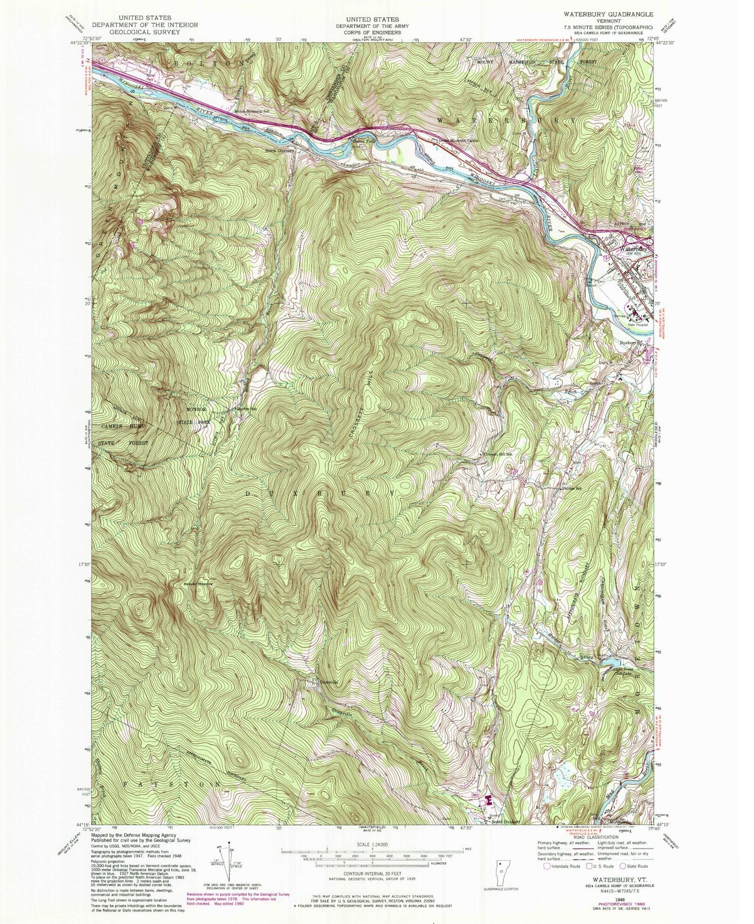 Classic USGS Waterbury Vermont 7.5'x7.5' Topo Map Image