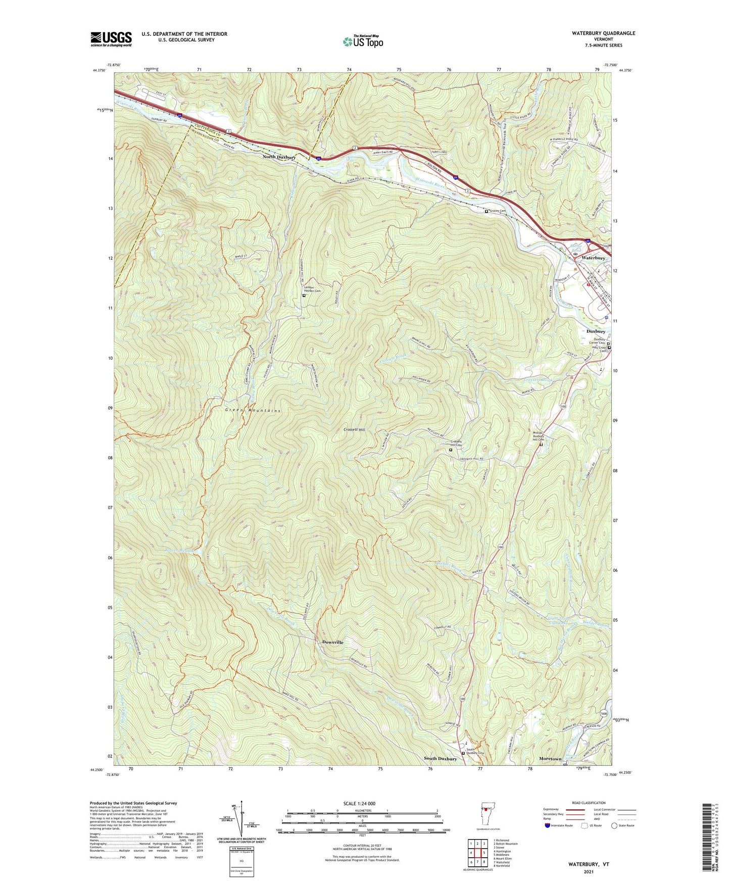 Waterbury Vermont US Topo Map Image