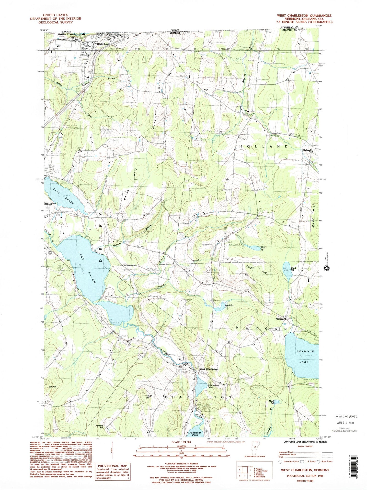 Classic USGS West Charleston Vermont 7.5'x7.5' Topo Map Image