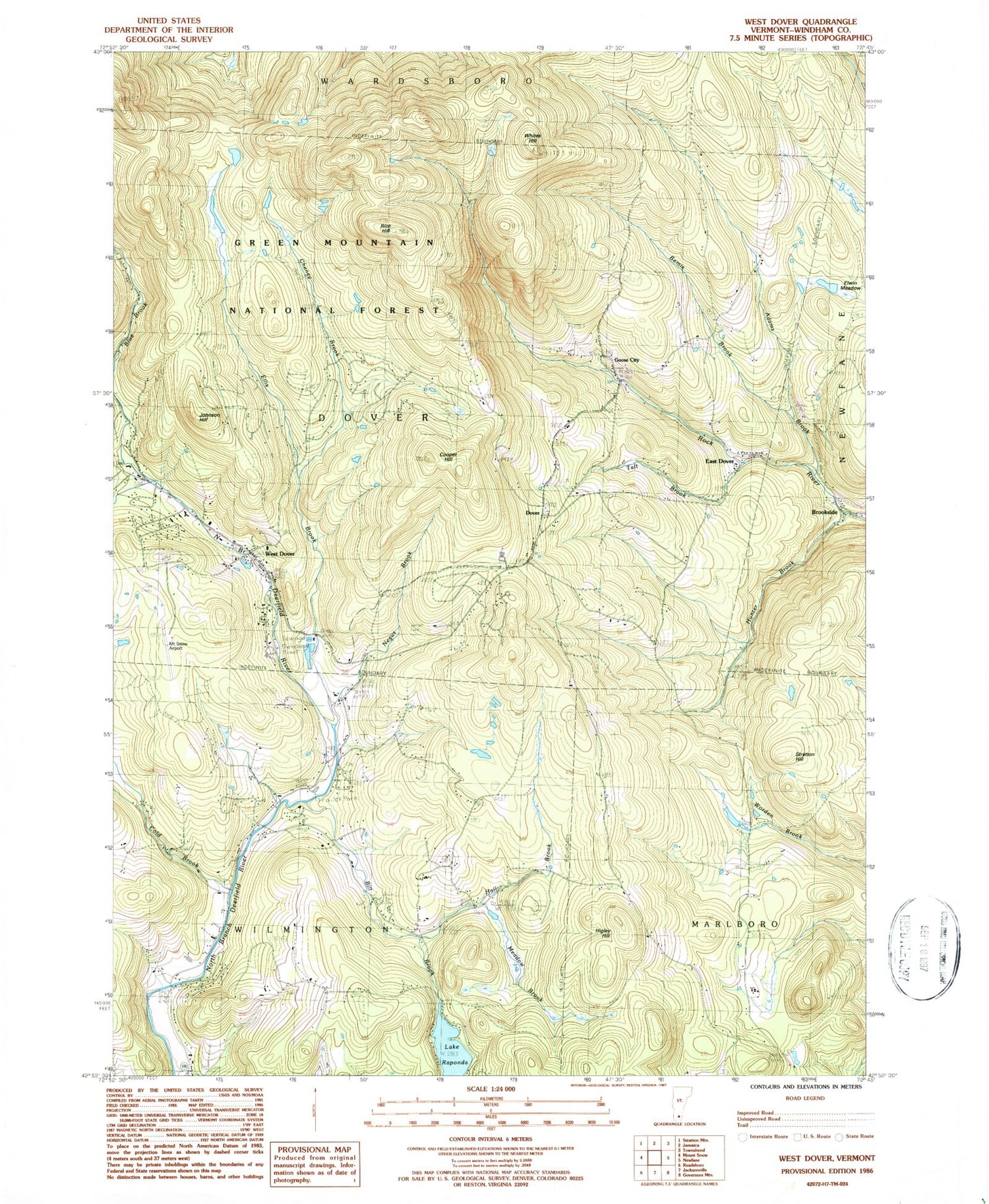 Classic USGS West Dover Vermont 7.5'x7.5' Topo Map Image