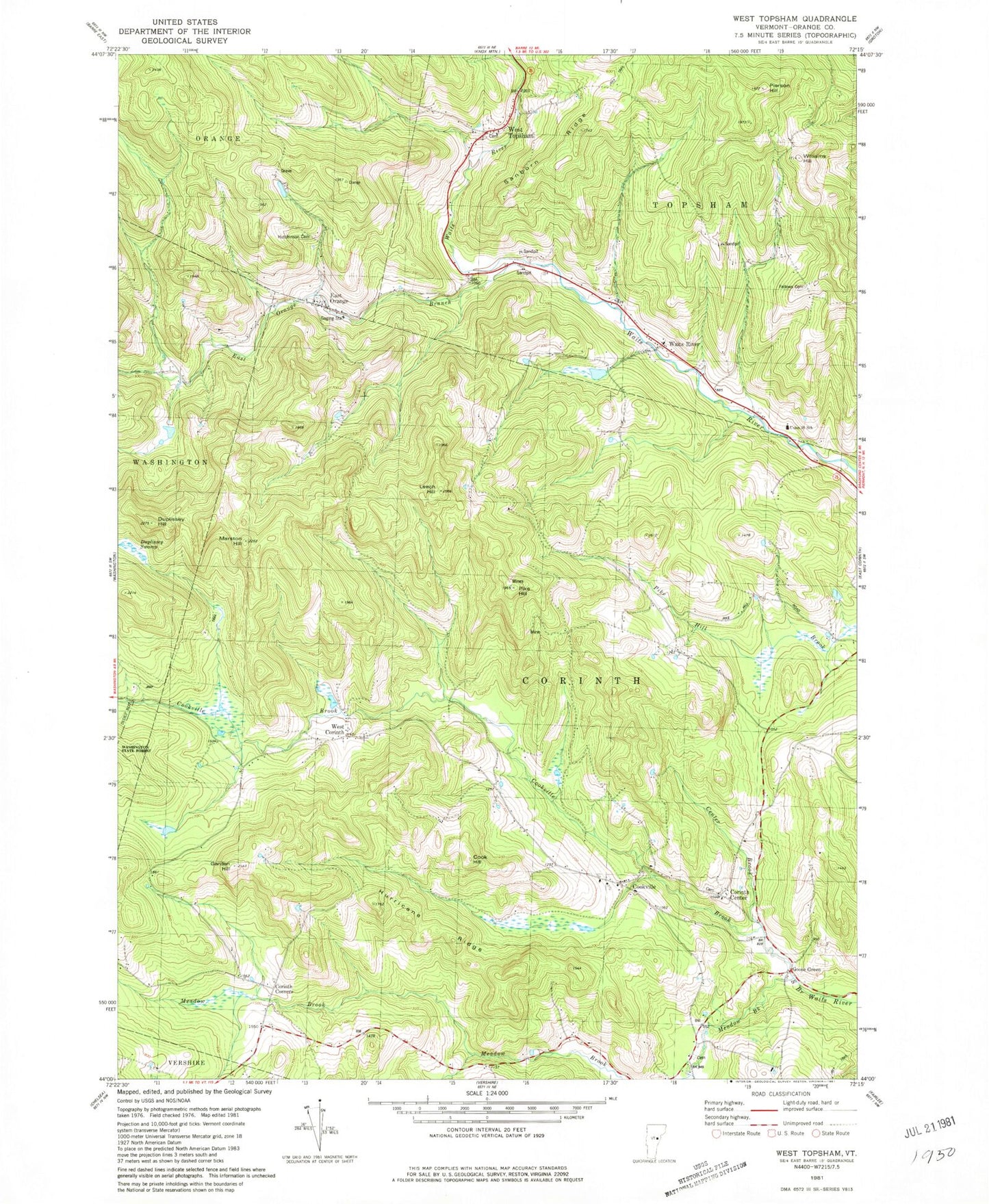 Classic USGS West Topsham Vermont 7.5'x7.5' Topo Map Image