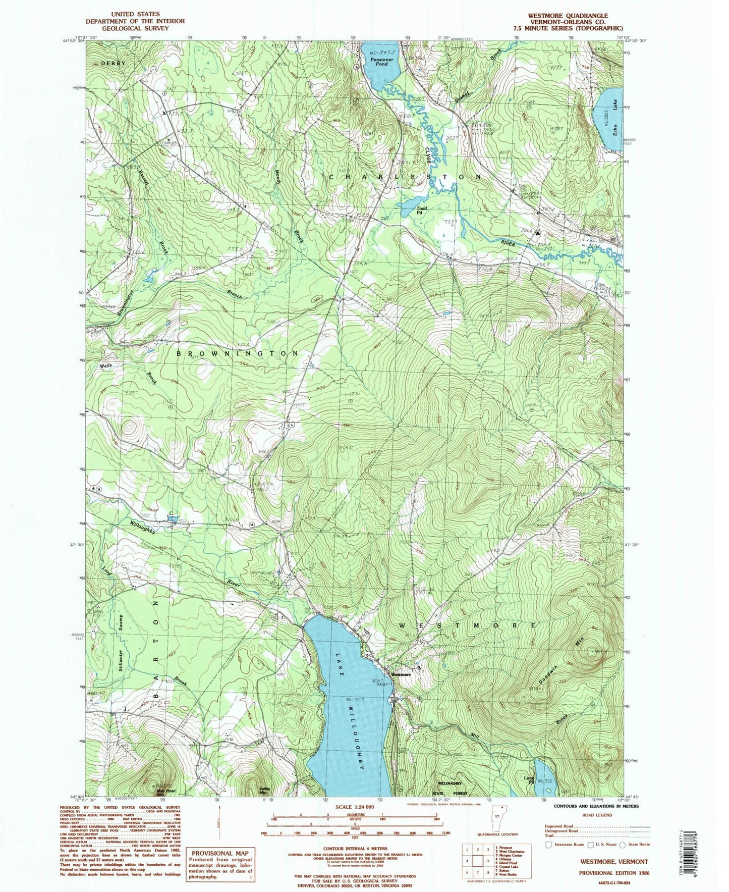 Classic USGS Westmore Vermont 7.5'x7.5' Topo Map Image