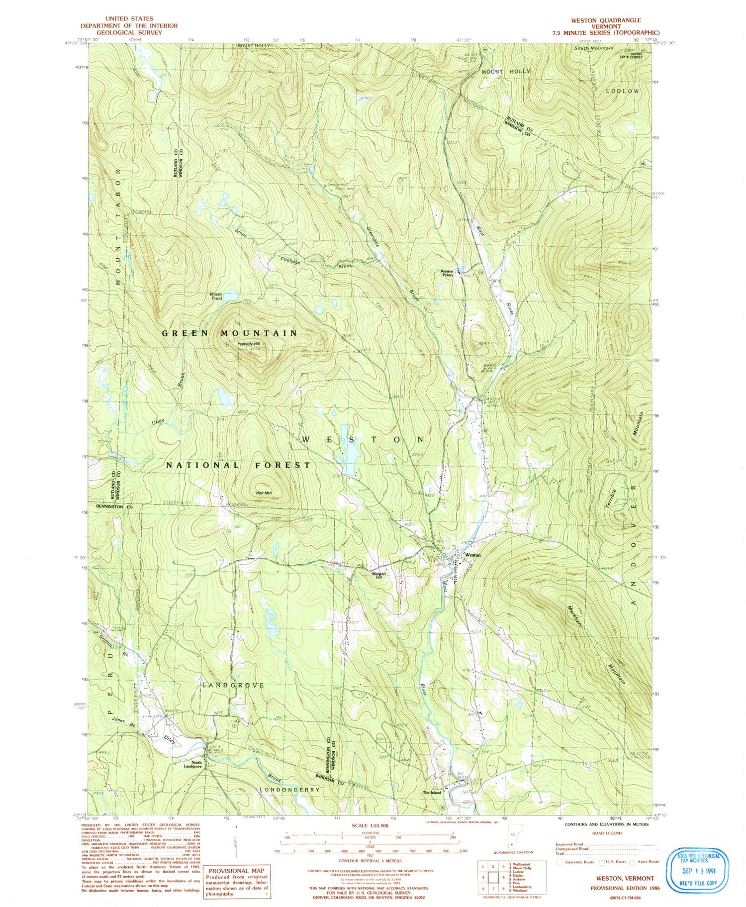 Classic USGS Weston Vermont 7.5'x7.5' Topo Map Image