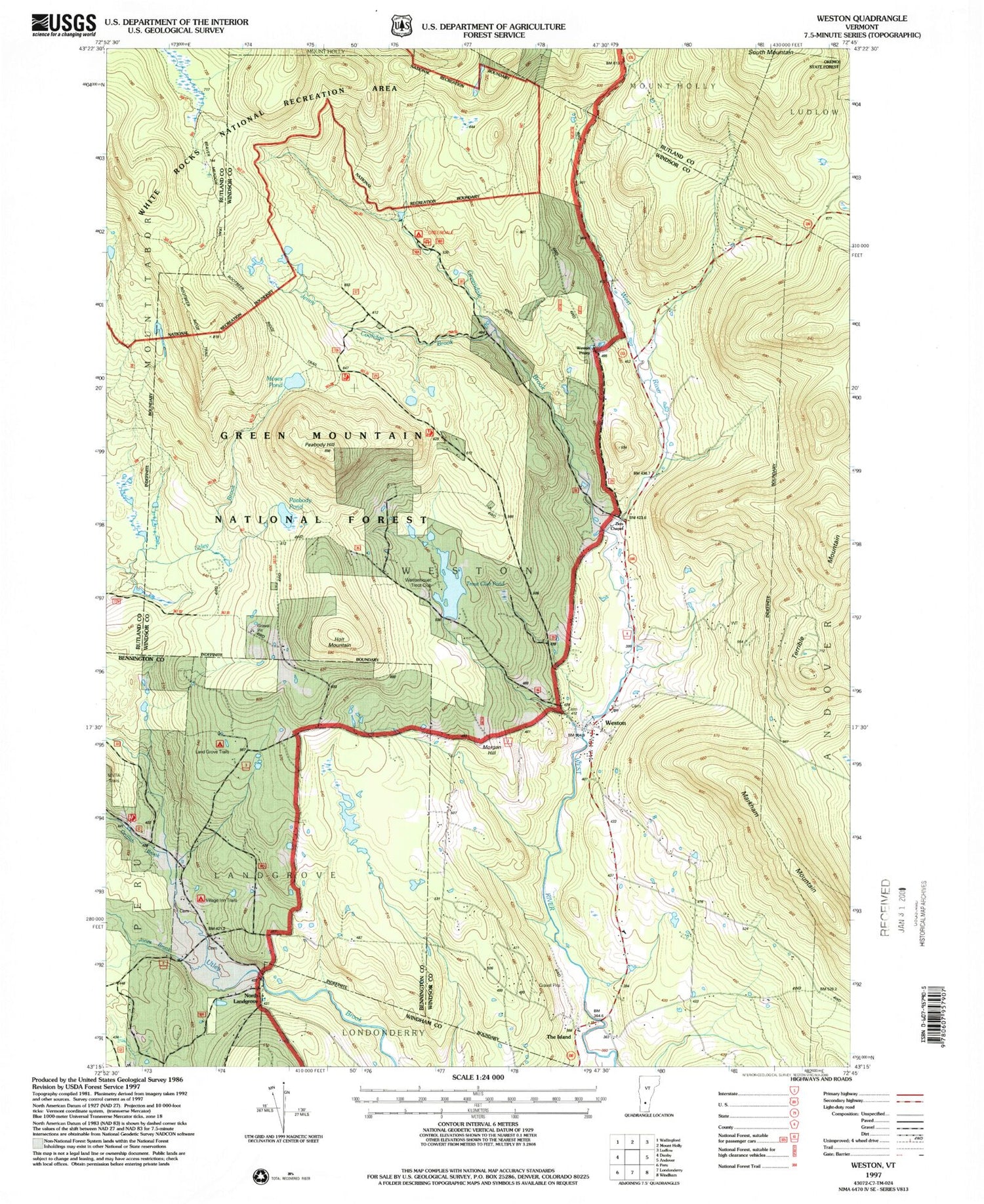 Classic USGS Weston Vermont 7.5'x7.5' Topo Map Image