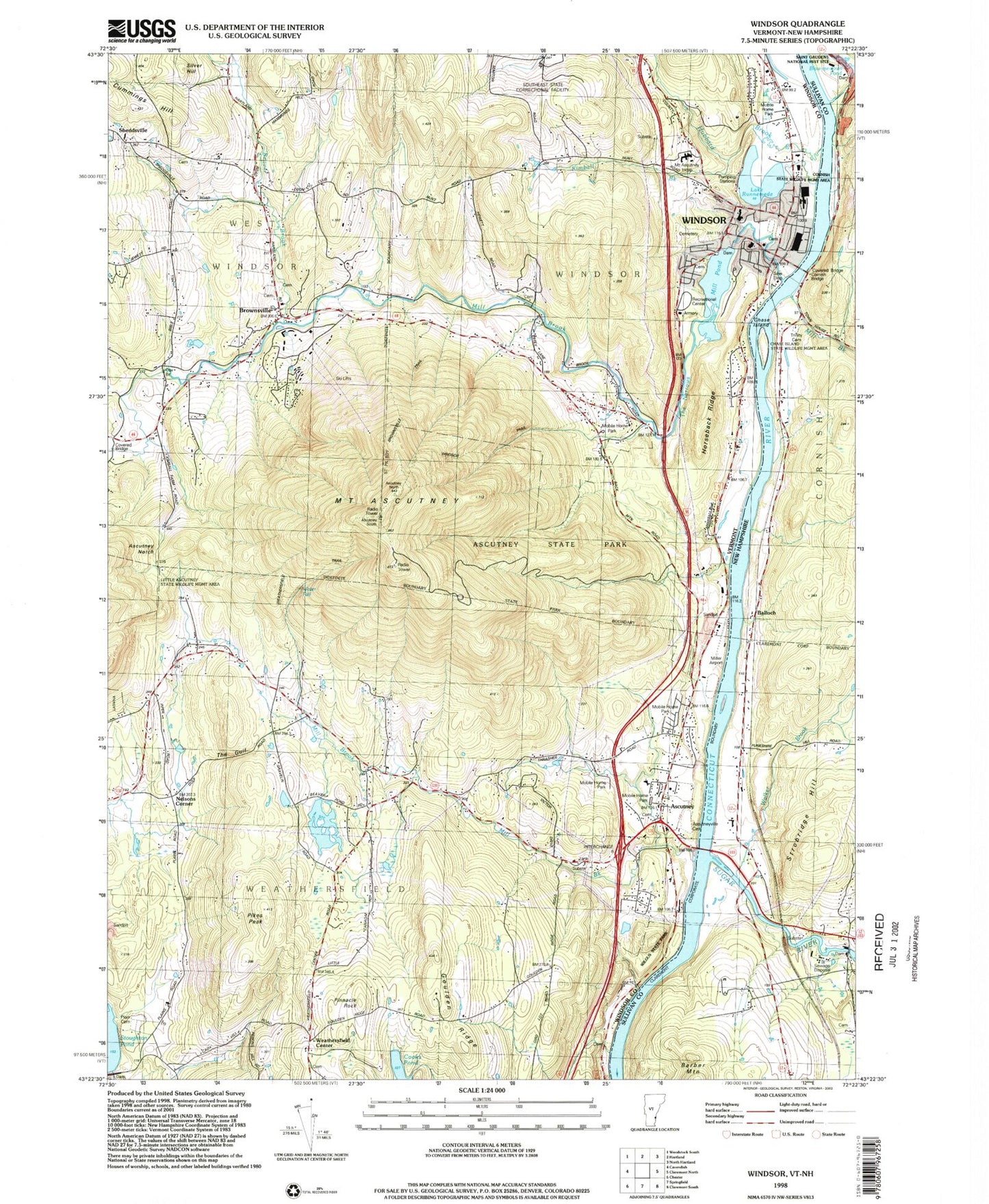 Classic USGS Windsor Vermont 7.5'x7.5' Topo Map Image