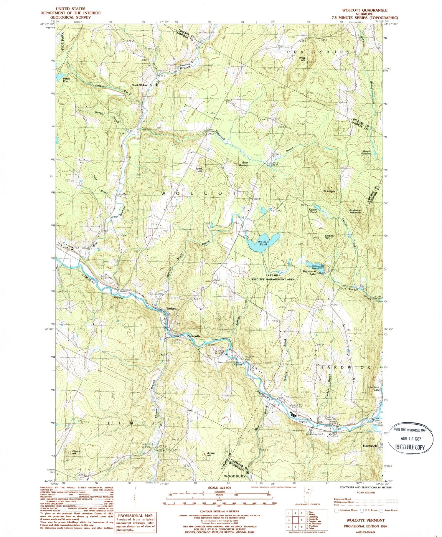 Classic USGS Wolcott Vermont 7.5'x7.5' Topo Map Image