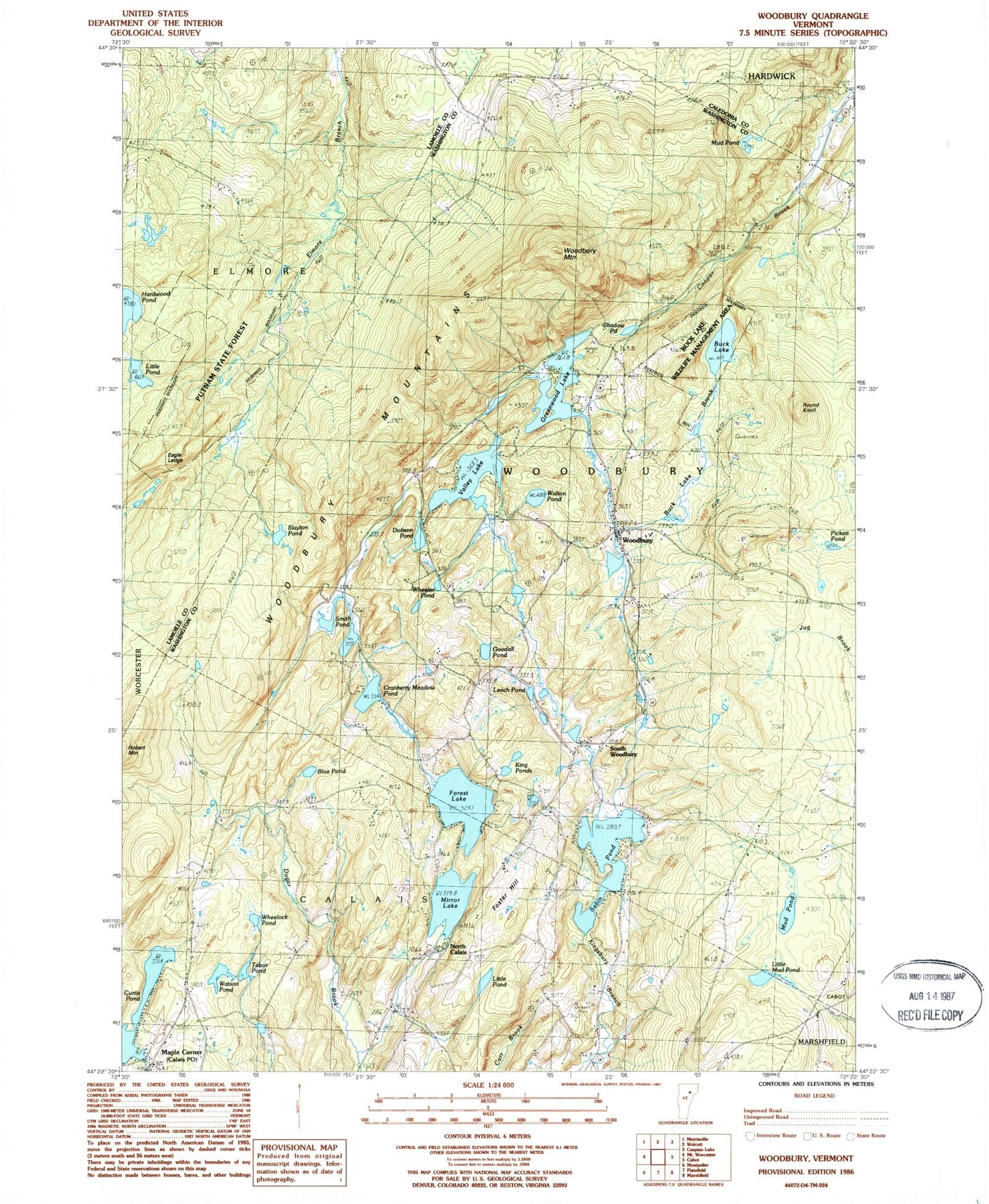 Classic USGS Woodbury Vermont 7.5'x7.5' Topo Map Image