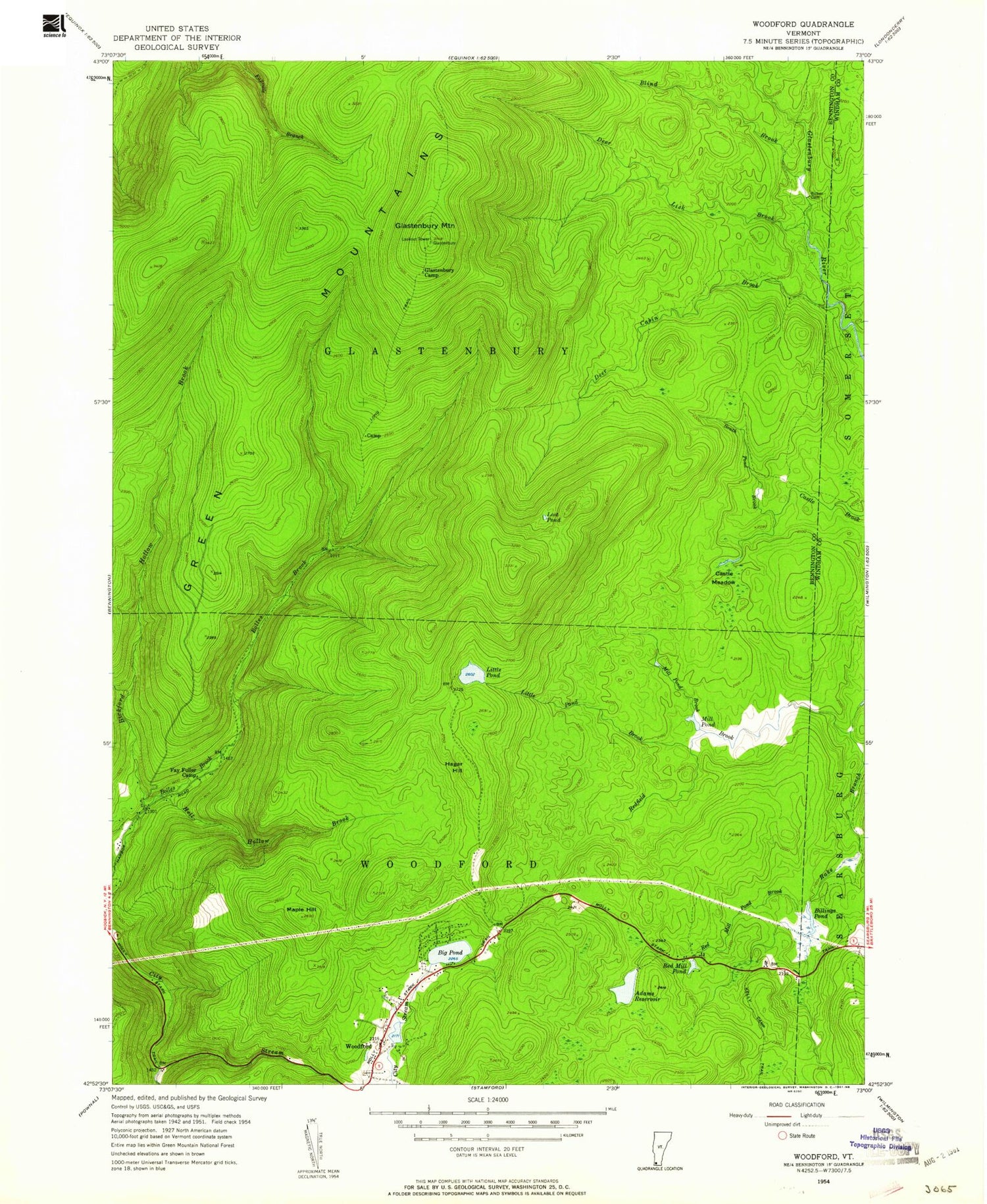 Classic USGS Woodford Vermont 7.5'x7.5' Topo Map Image