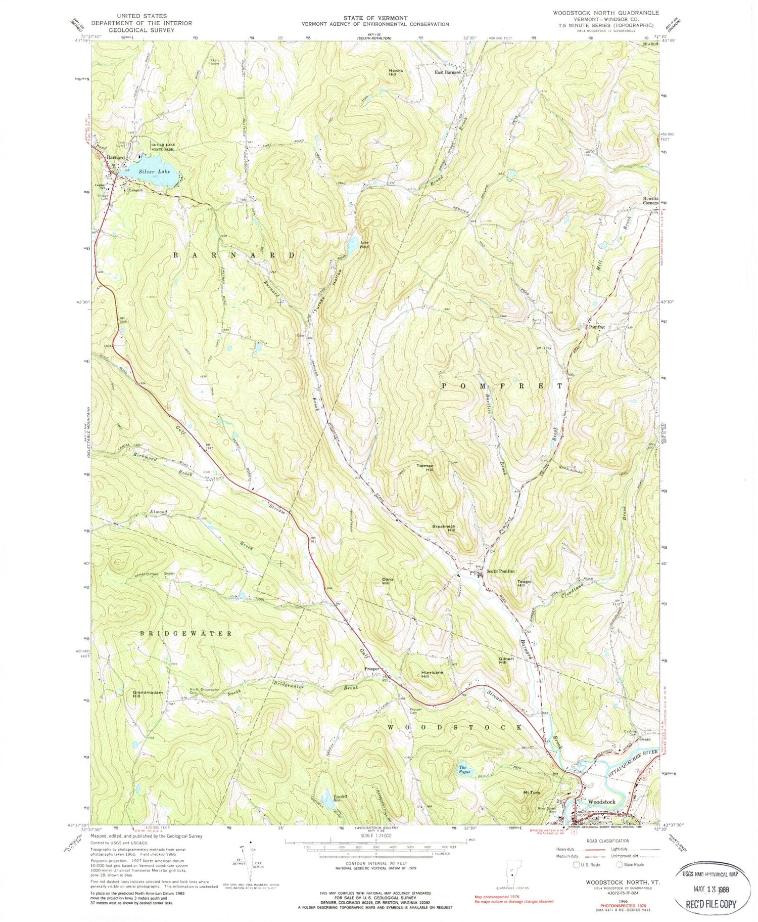 Classic USGS Woodstock North Vermont 7.5'x7.5' Topo Map Image