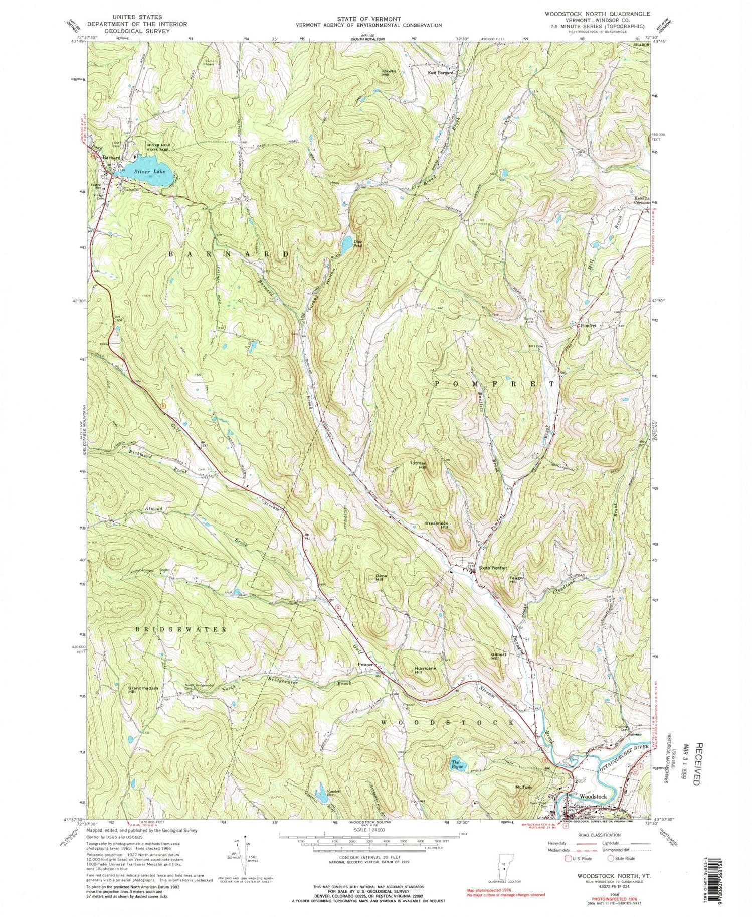 Classic USGS Woodstock North Vermont 7.5'x7.5' Topo Map Image