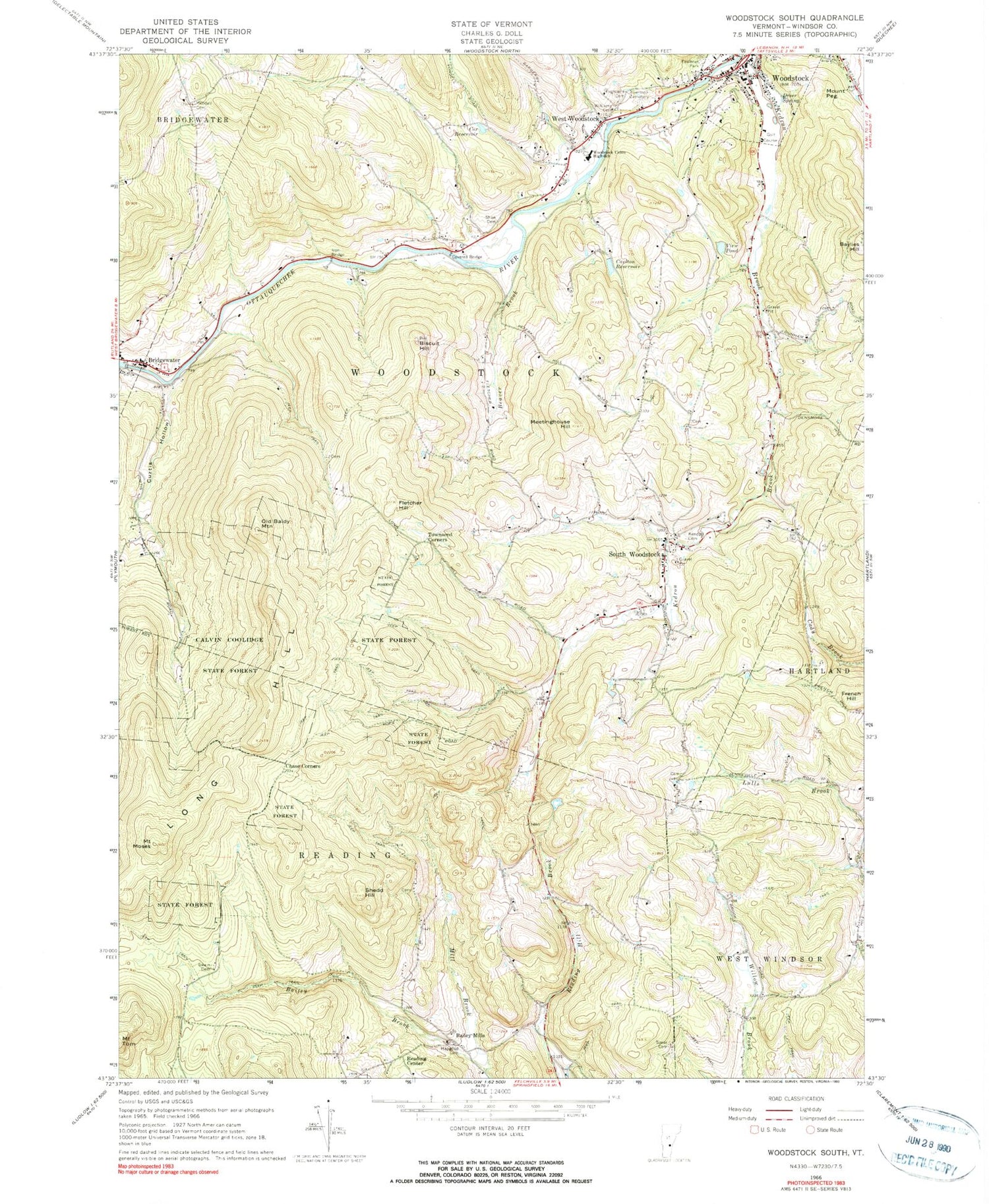 Classic USGS Woodstock South Vermont 7.5'x7.5' Topo Map Image
