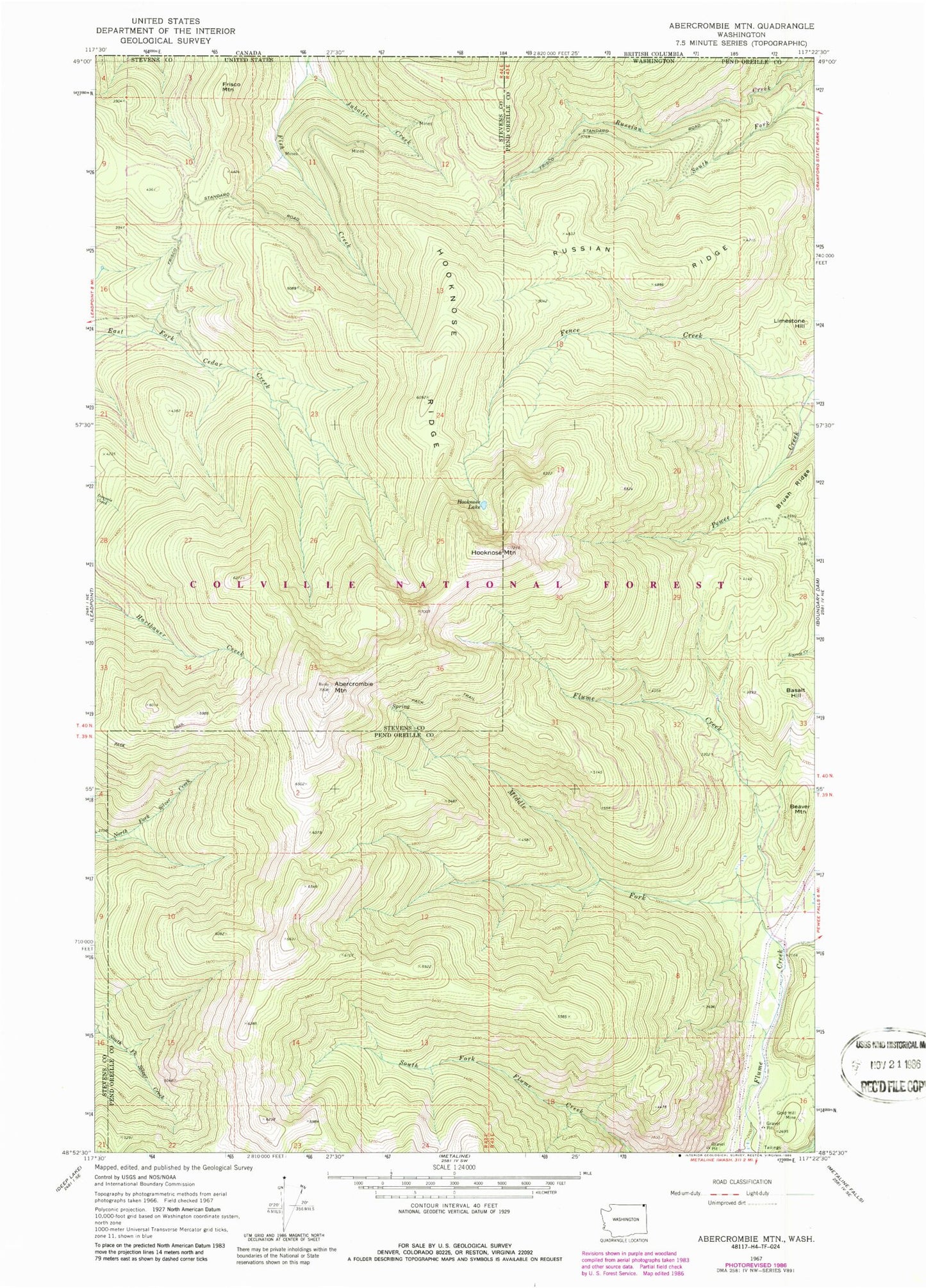 Classic USGS Abercrombie Mountain Washington 7.5'x7.5' Topo Map Image