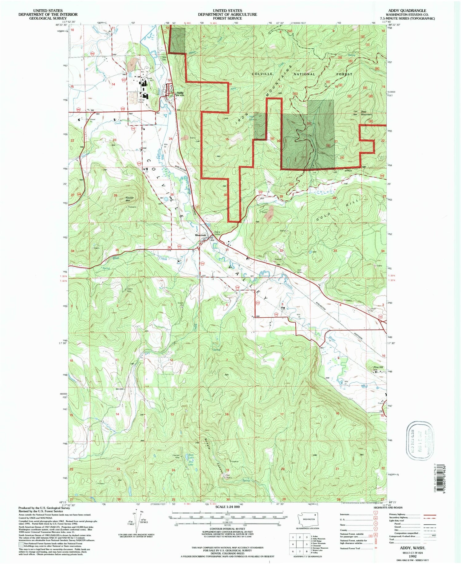 Classic USGS Addy Washington 7.5'x7.5' Topo Map Image