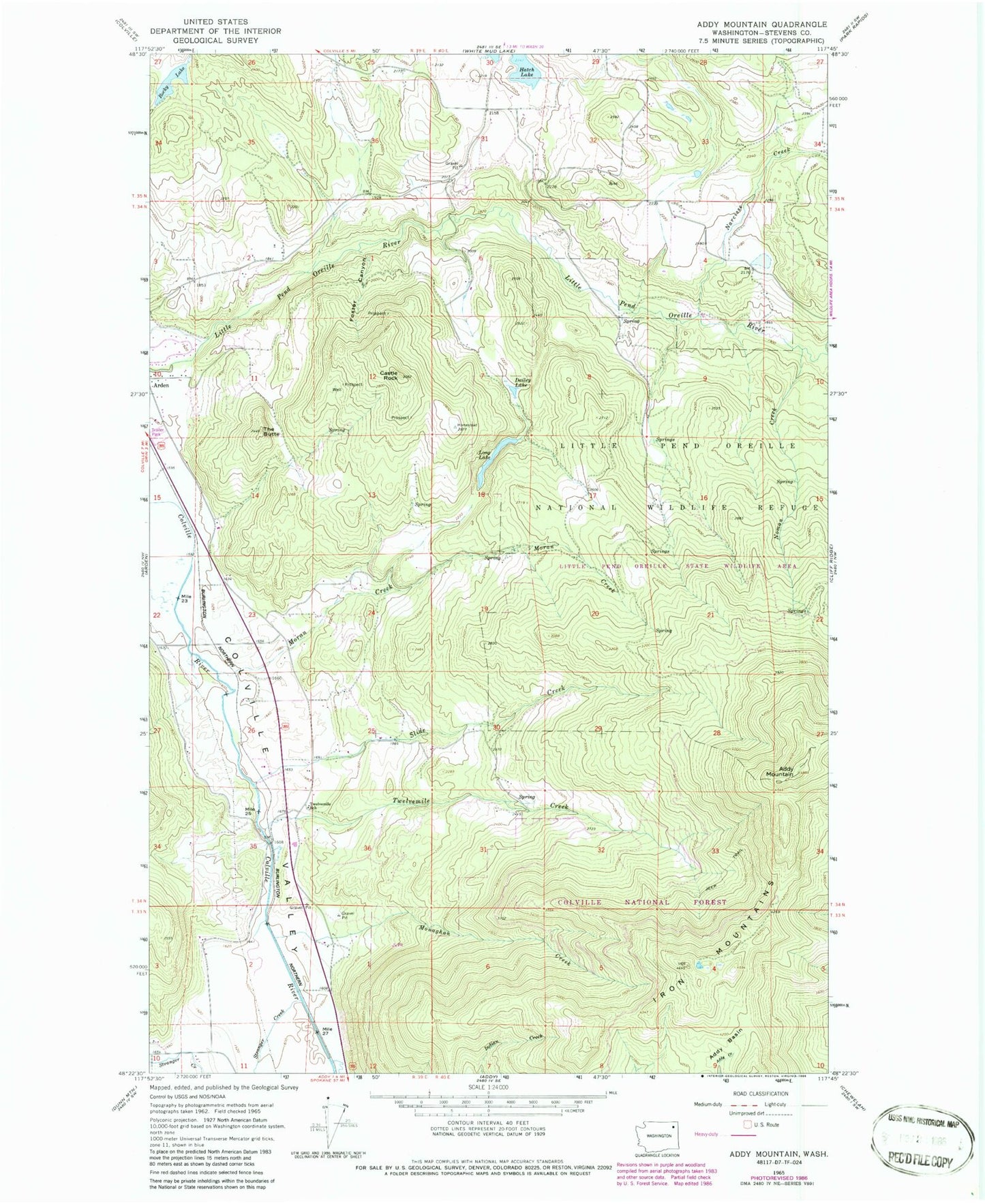 Classic USGS Addy Mountain Washington 7.5'x7.5' Topo Map Image