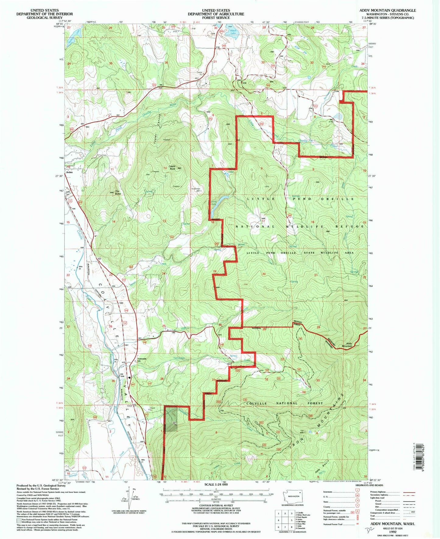 Classic USGS Addy Mountain Washington 7.5'x7.5' Topo Map Image