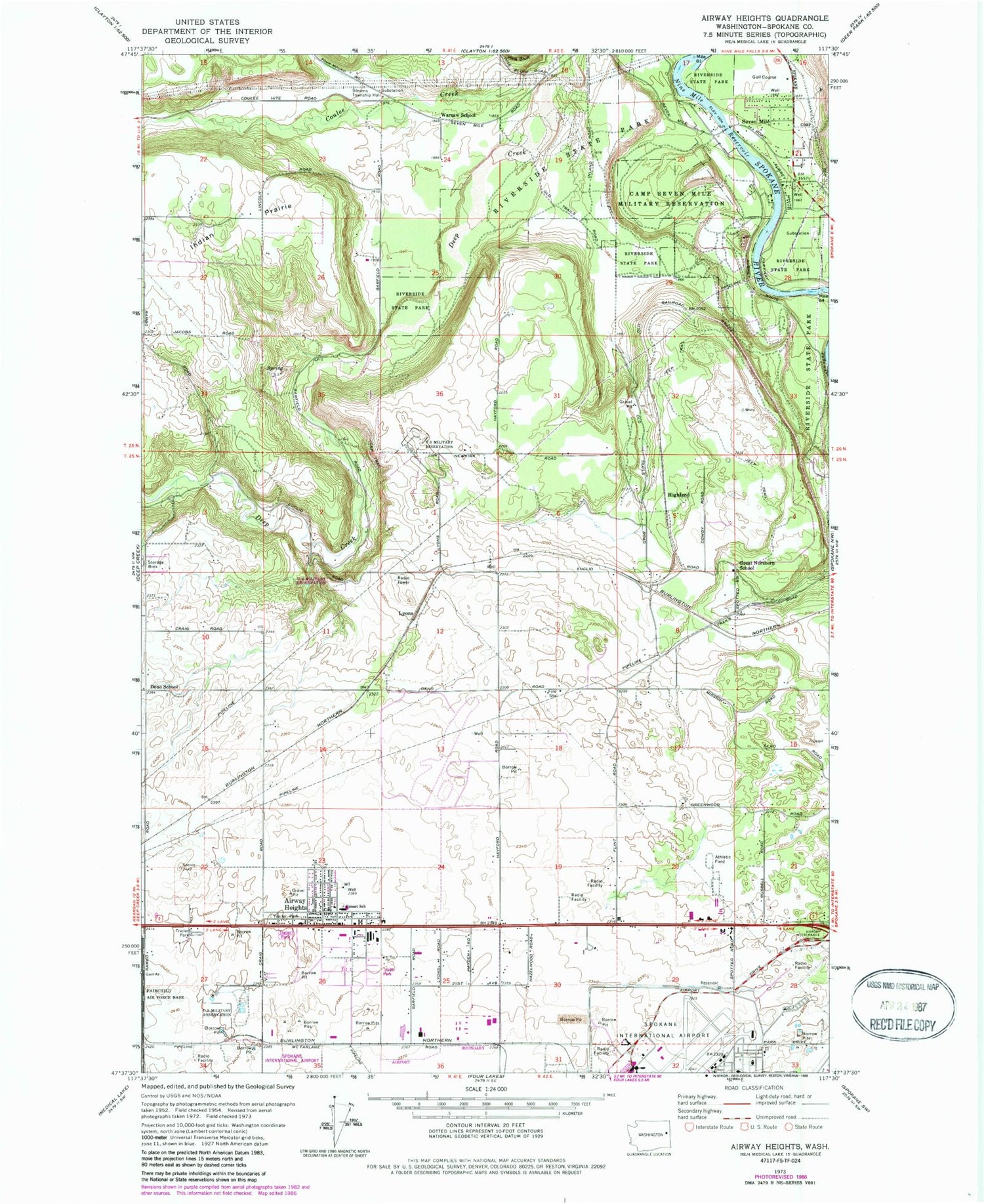 Classic USGS Airway Heights Washington 7.5'x7.5' Topo Map Image