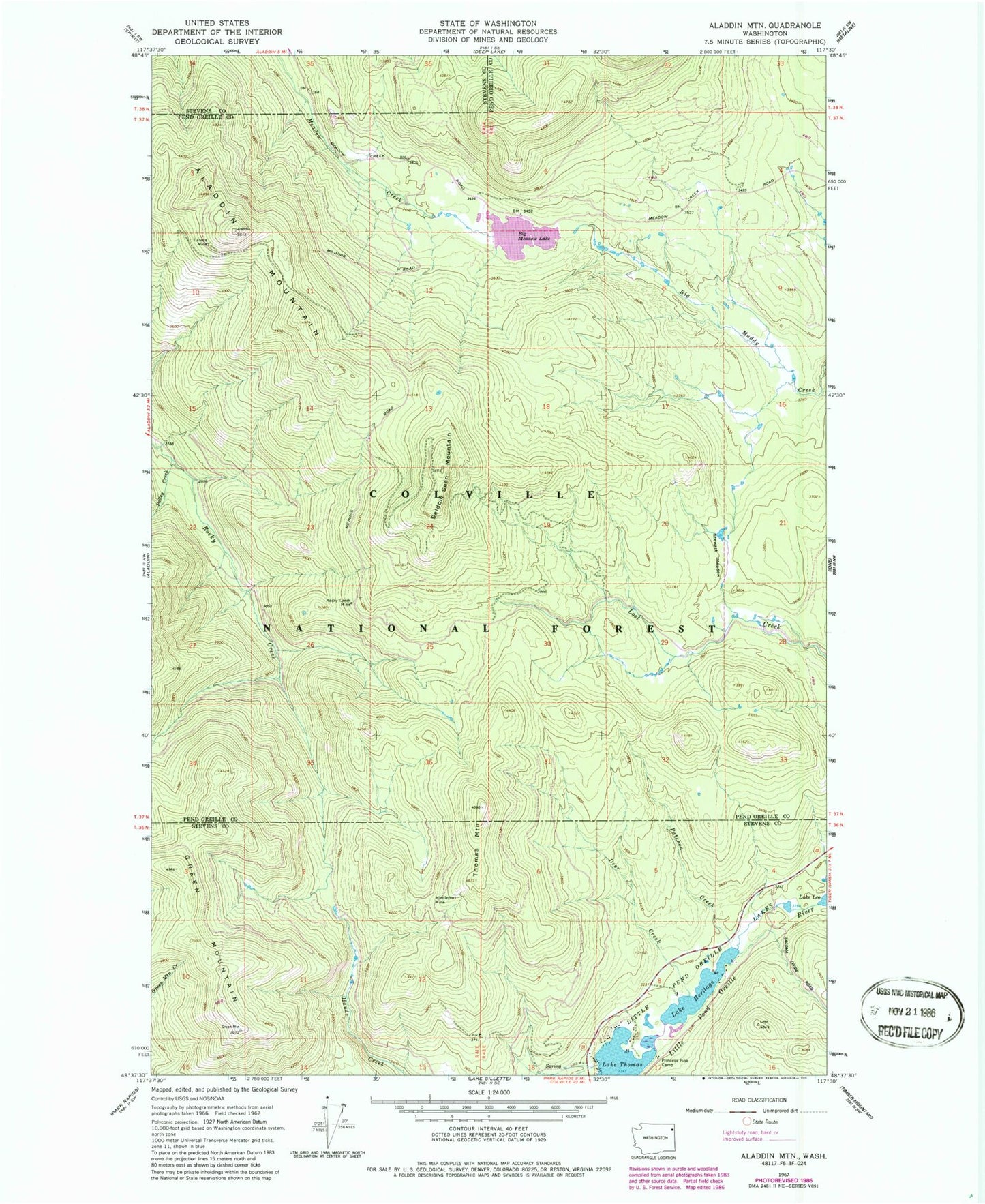 Classic USGS Aladdin Mountain Washington 7.5'x7.5' Topo Map Image