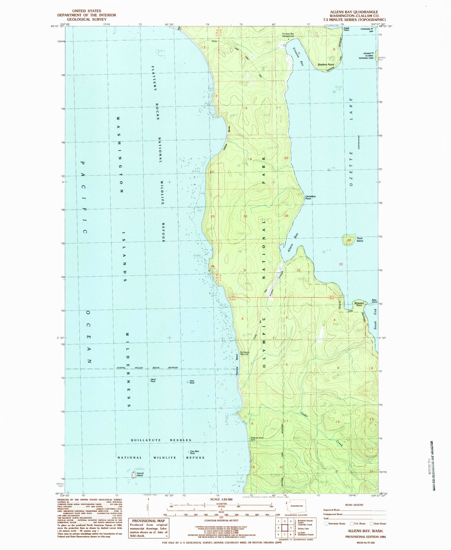 Classic USGS Allens Bay Washington 7.5'x7.5' Topo Map Image