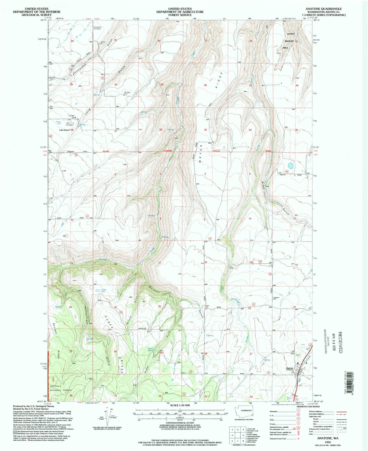 Classic USGS Anatone Washington 7.5'x7.5' Topo Map Image