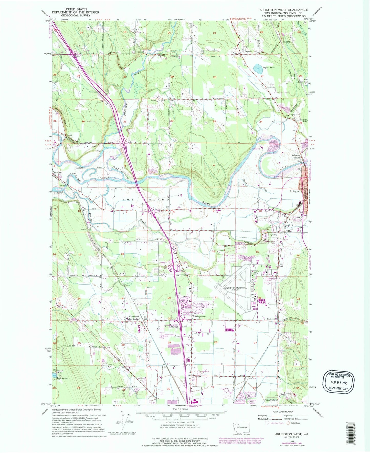 Classic USGS Arlington West Washington 7.5'x7.5' Topo Map Image