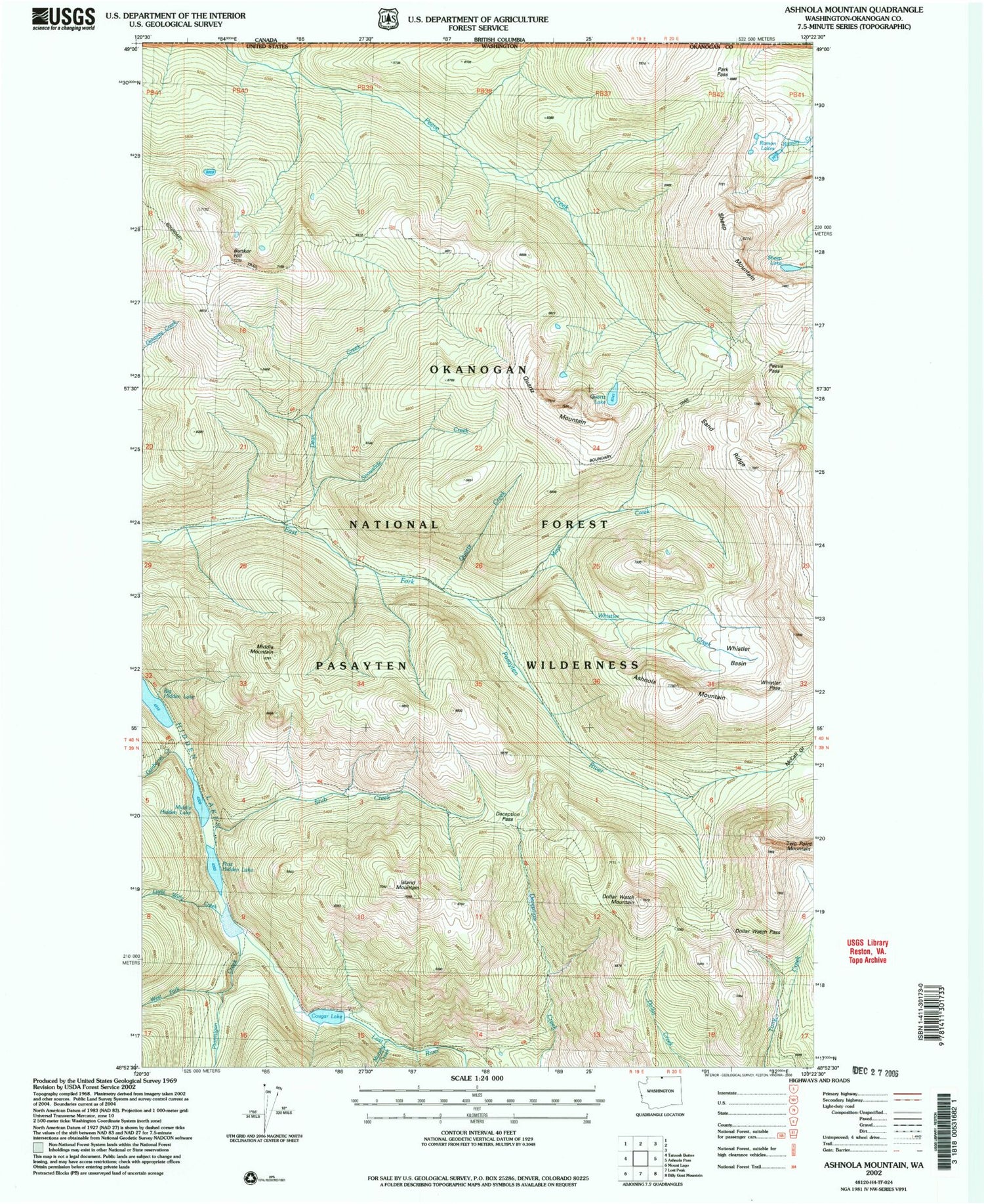 Classic USGS Ashnola Mountain Washington 7.5'x7.5' Topo Map Image