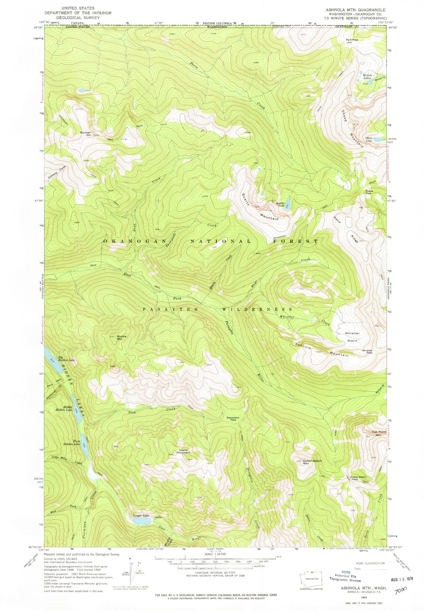 Classic USGS Ashnola Mountain Washington 7.5'x7.5' Topo Map Image