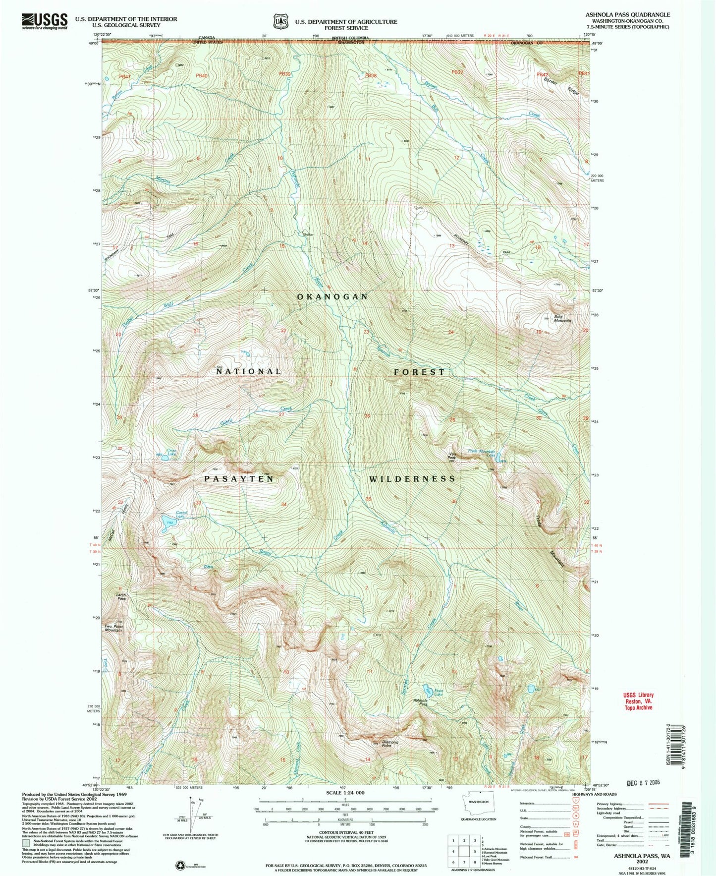 Classic USGS Ashnola Pass Washington 7.5'x7.5' Topo Map Image