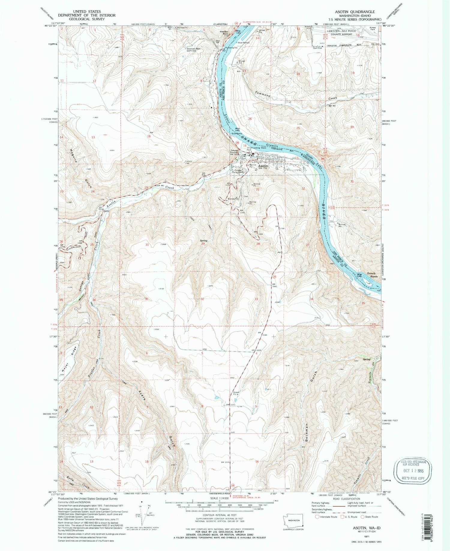 Classic USGS Asotin Washington 7.5'x7.5' Topo Map Image