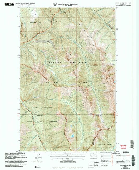 Classic USGS Azurite Peak Washington 7.5'x7.5' Topo Map Image