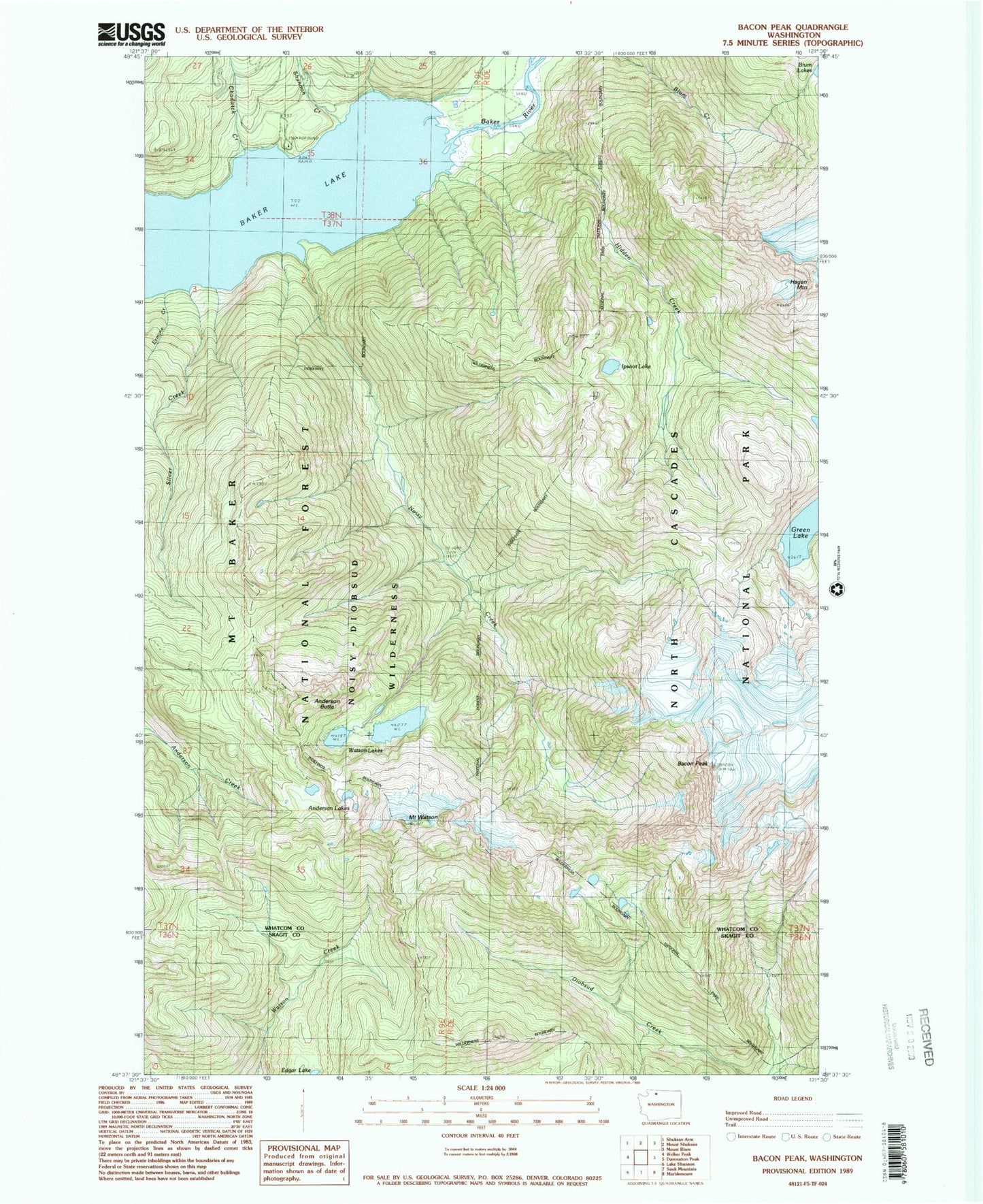 Classic USGS Bacon Peak Washington 7.5'x7.5' Topo Map Image