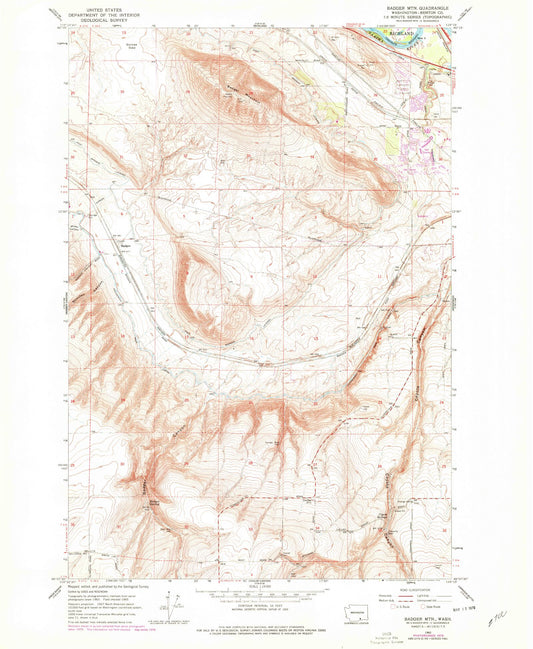 Classic USGS Badger Mountain Washington 7.5'x7.5' Topo Map Image