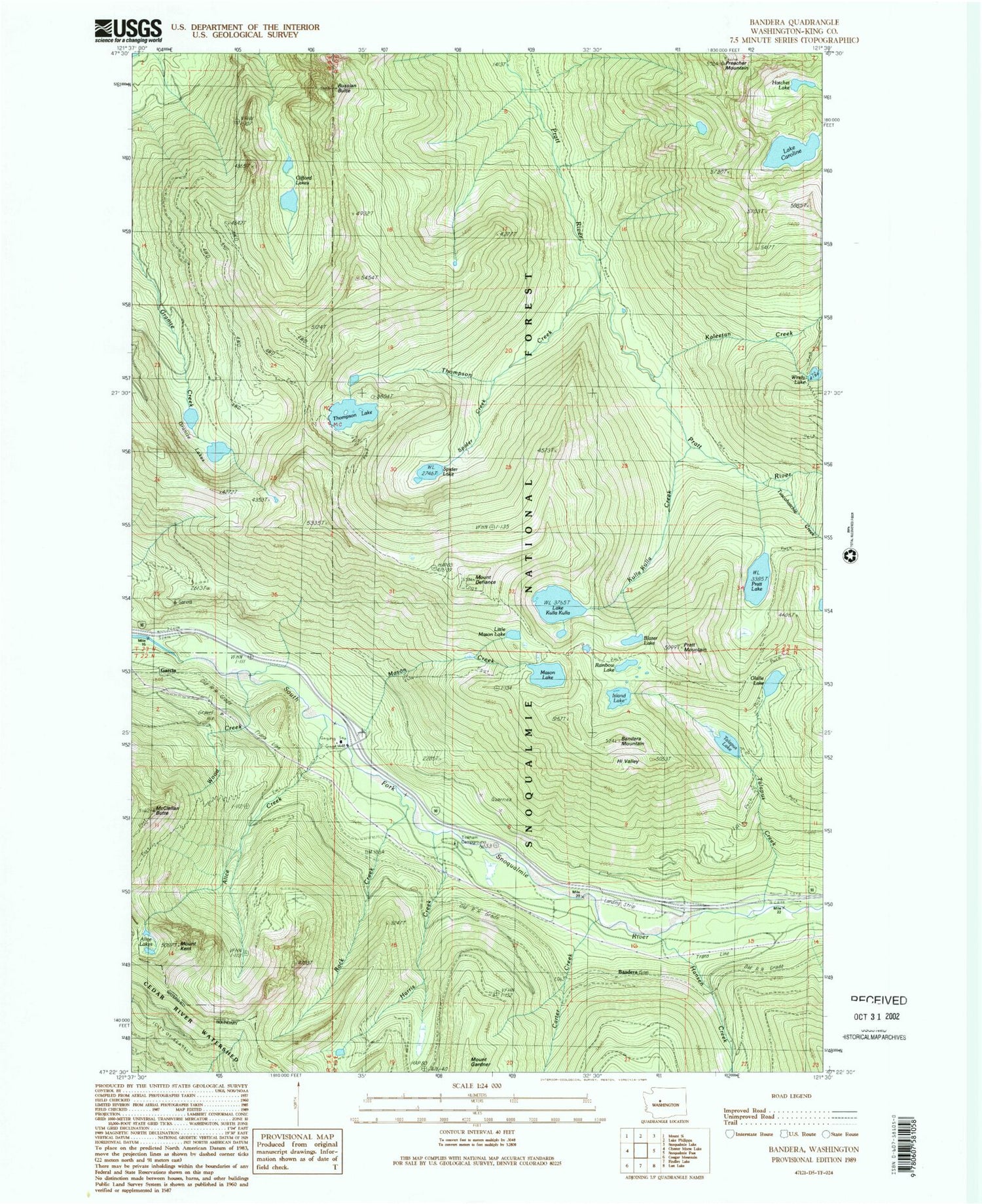 Classic USGS Bandera Washington 7.5'x7.5' Topo Map Image