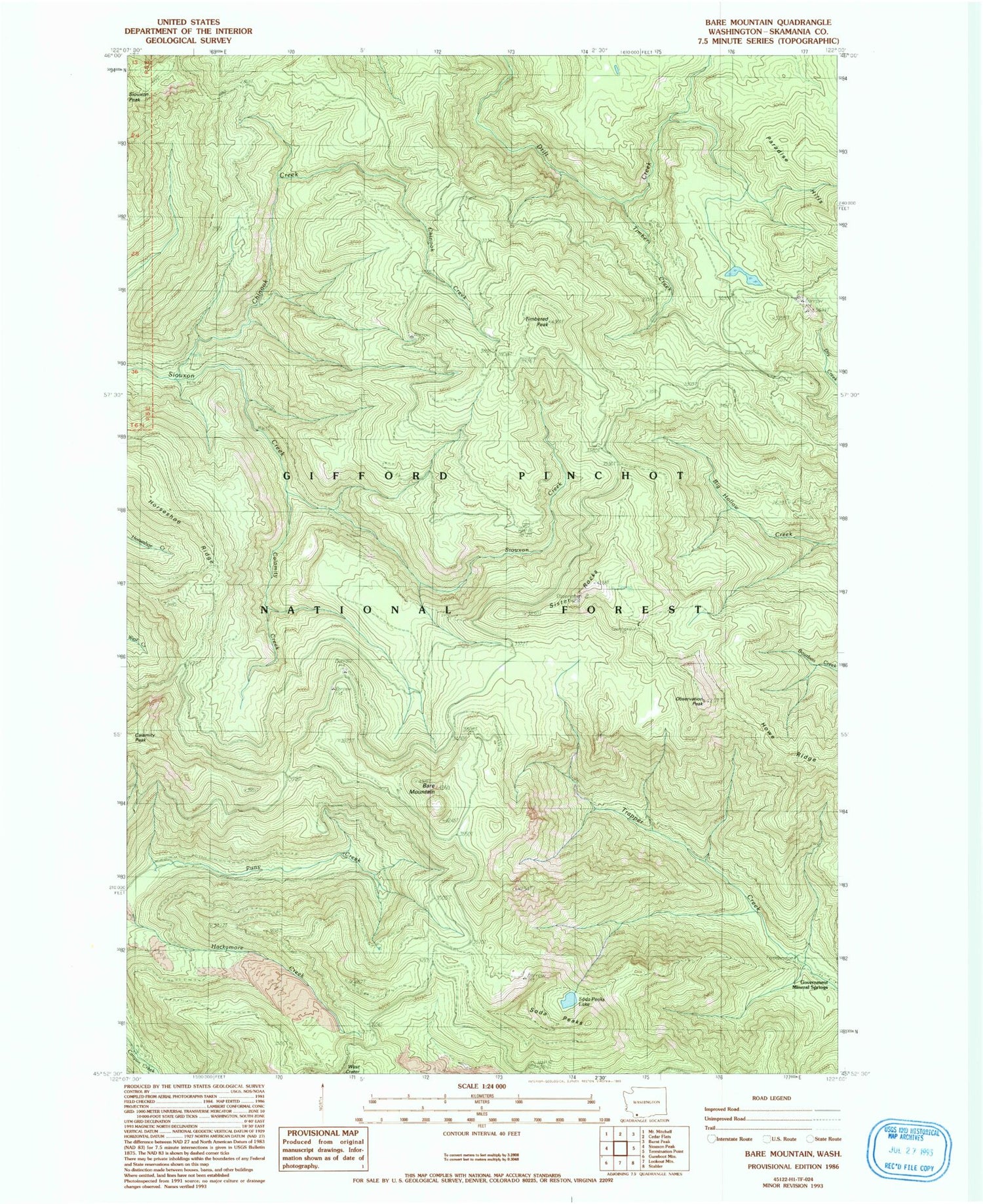 Classic USGS Bare Mountain Washington 7.5'x7.5' Topo Map Image