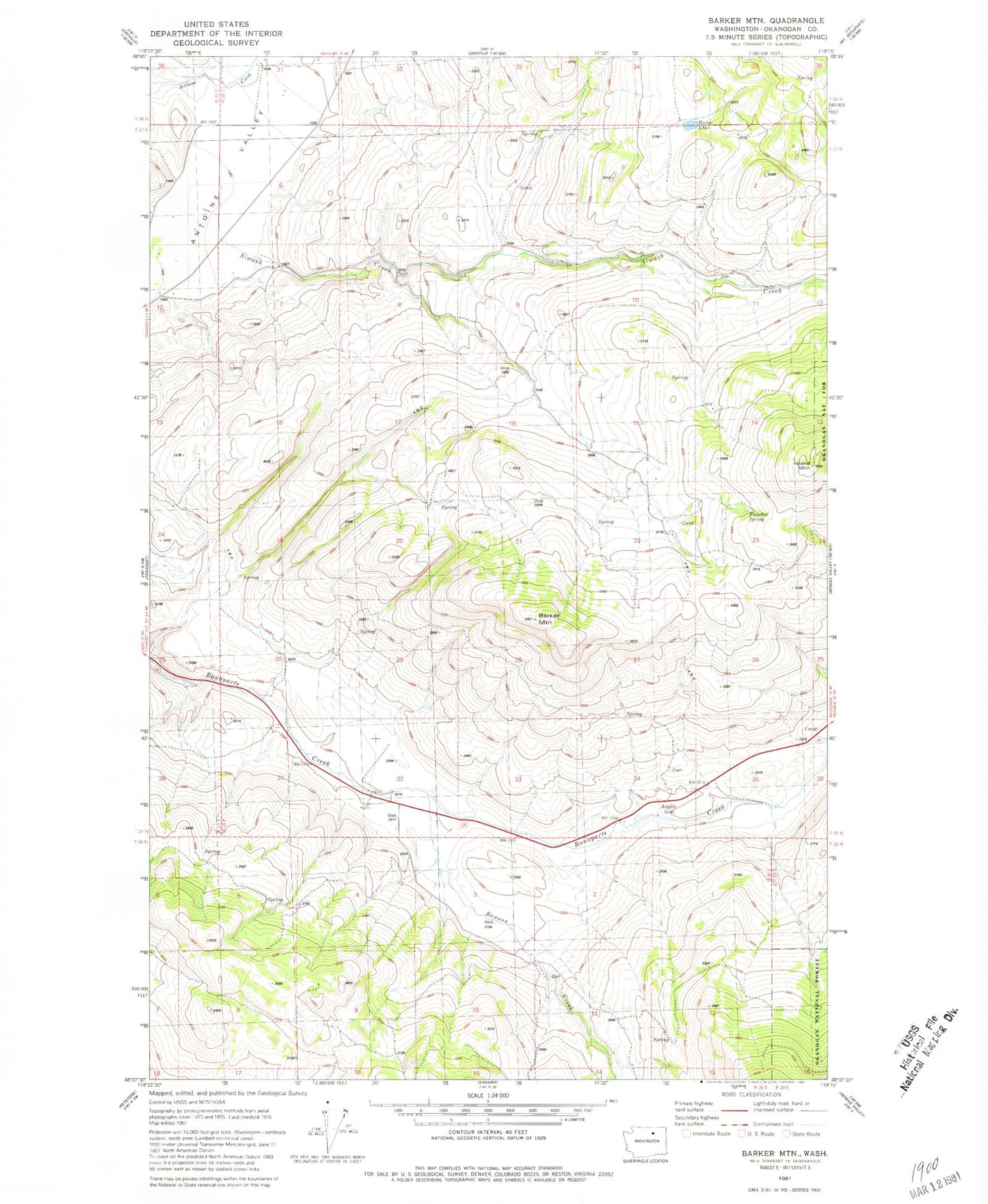 Classic USGS Barker Mountain Washington 7.5'x7.5' Topo Map Image