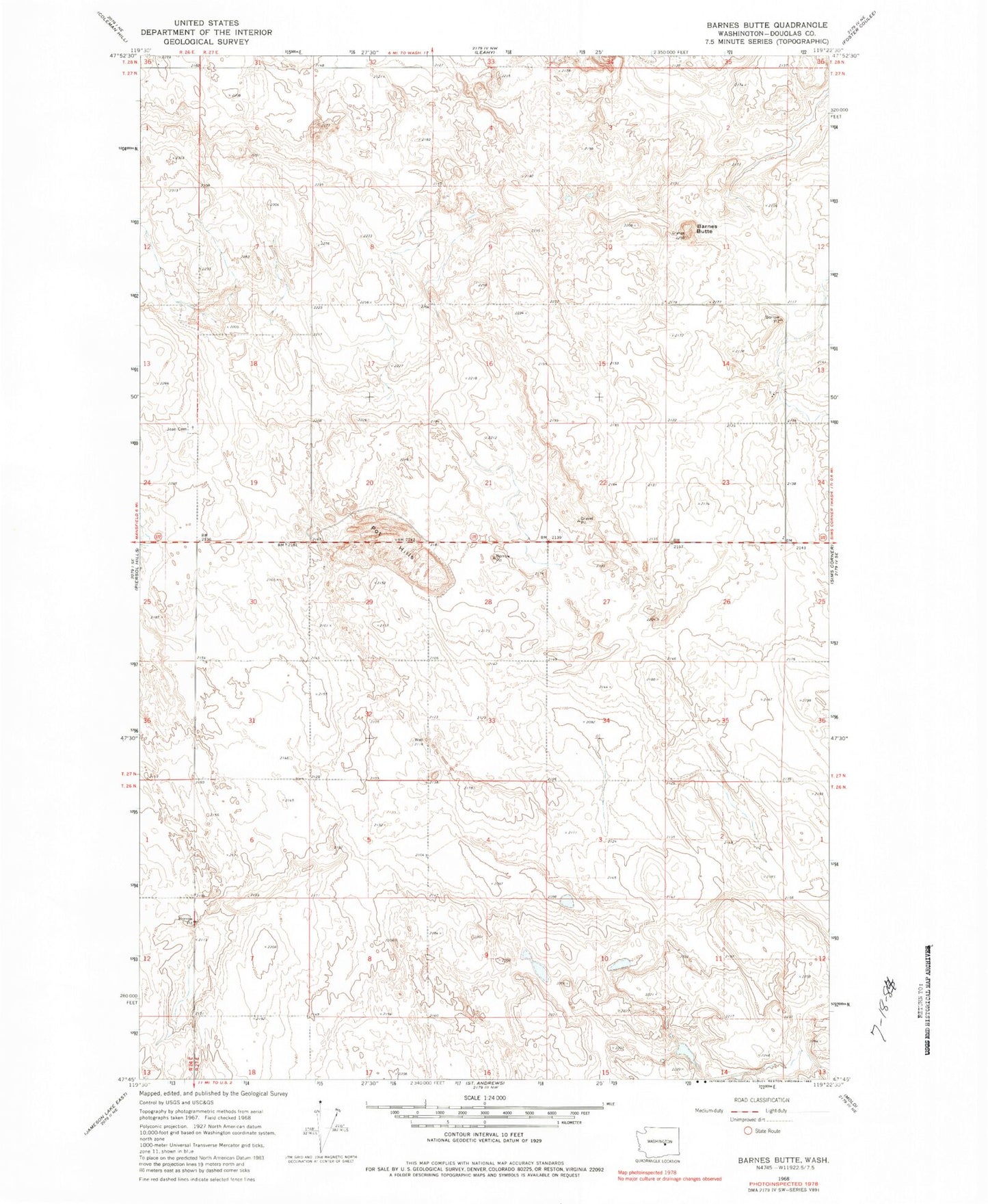 Classic USGS Barnes Butte Washington 7.5'x7.5' Topo Map Image