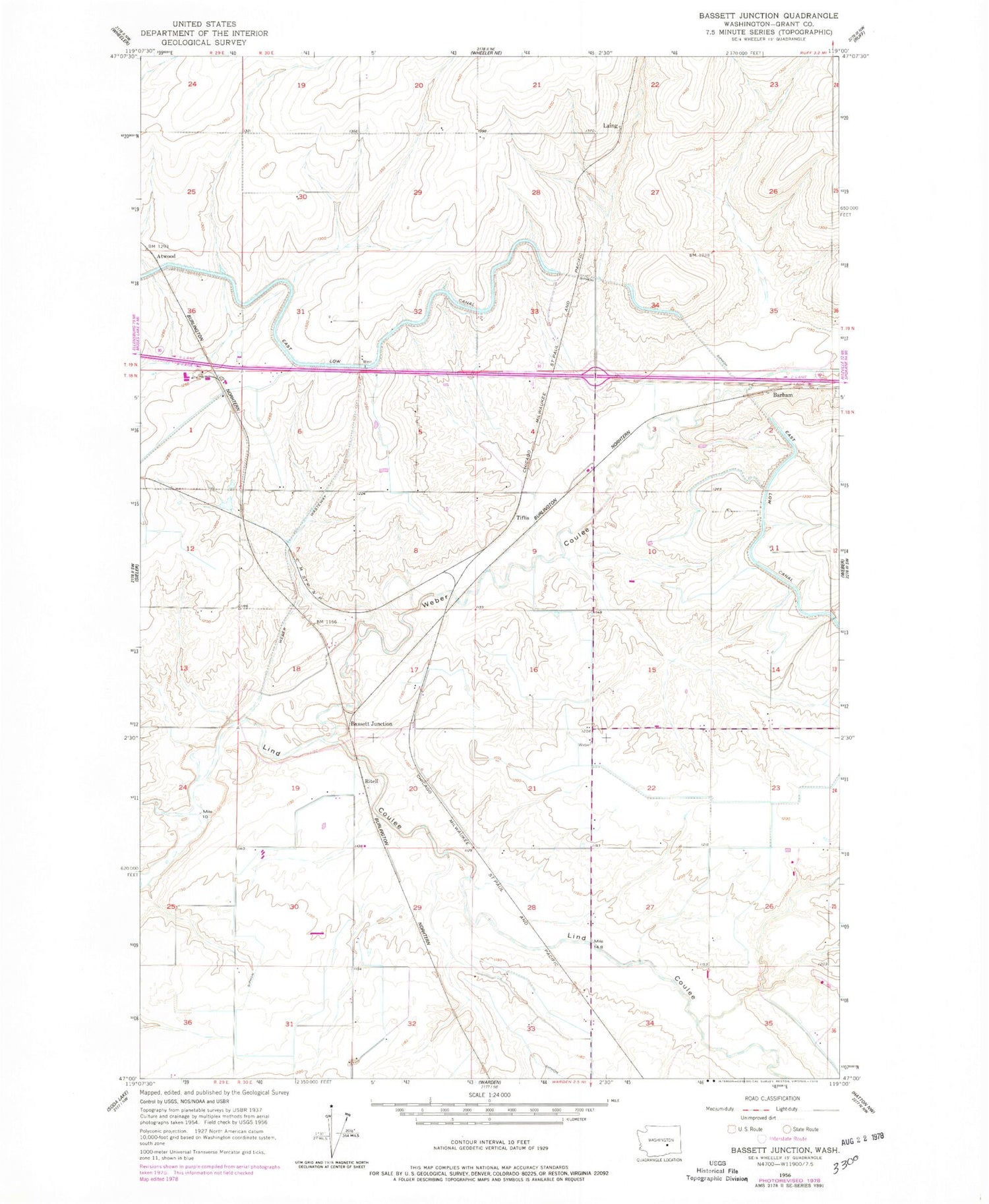 Classic USGS Bassett Junction Washington 7.5'x7.5' Topo Map Image