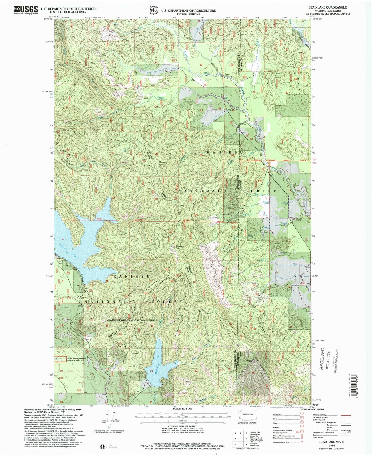 Classic USGS Bead Lake Washington 7.5'x7.5' Topo Map Image
