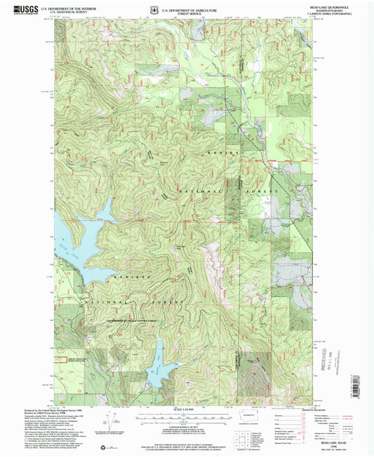 Classic USGS Bead Lake Washington 7.5'x7.5' Topo Map Image