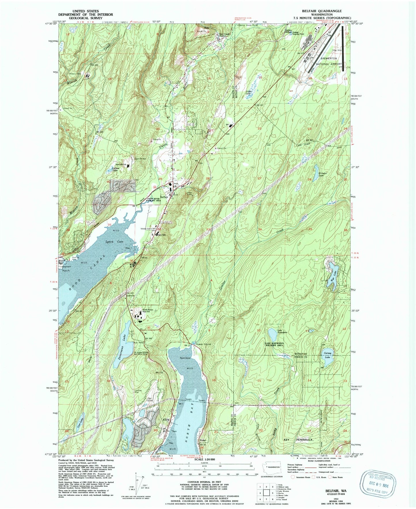 Classic USGS Belfair Washington 7.5'x7.5' Topo Map Image